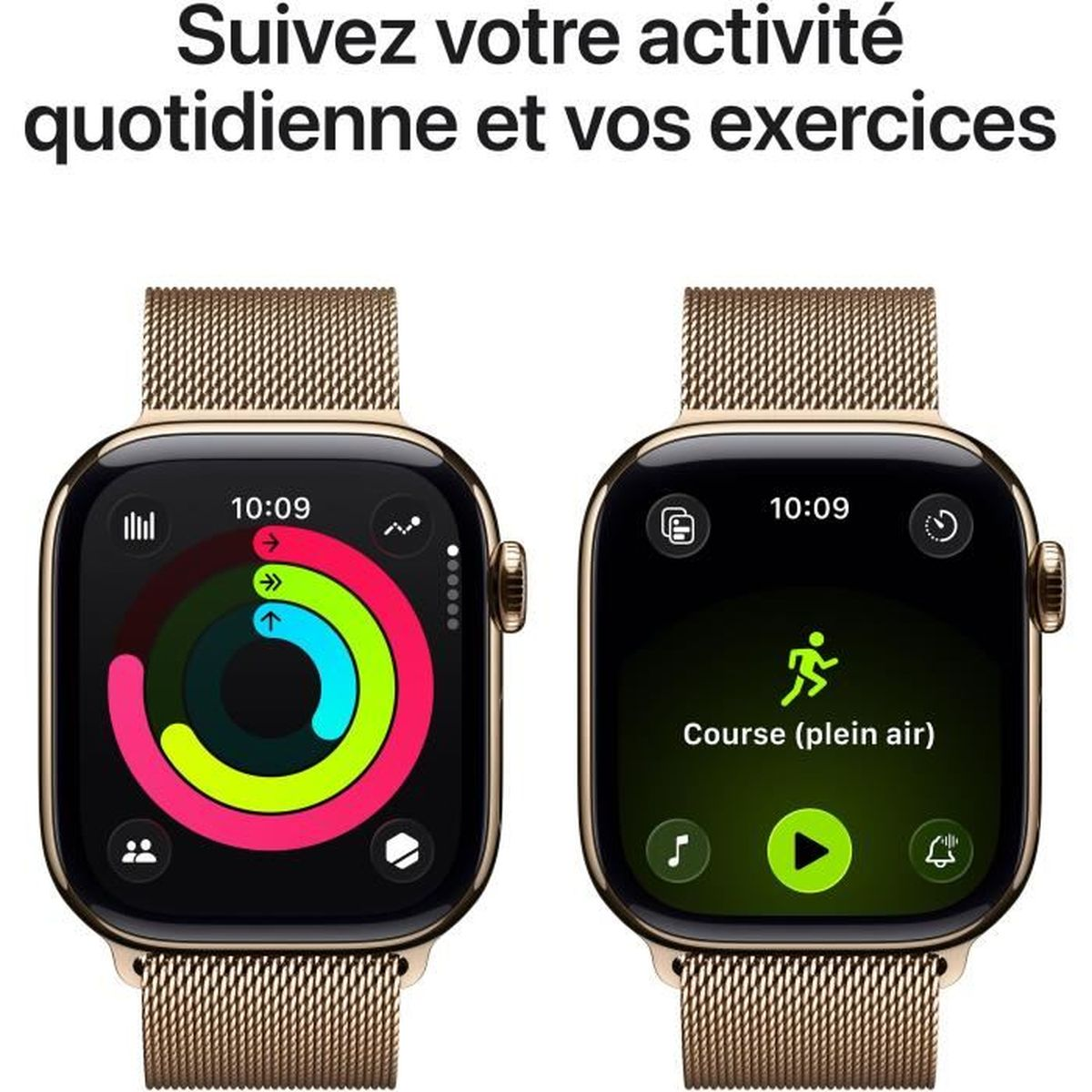 Dwa Apple Watch, jeden pokazujący pierścienie aktywności, drugi bieg na świeżym powietrzu. Oba wyświetlacze pokazują czas. Tekst u góry brzmi: 'Śledź swoją codzienną aktywność'.