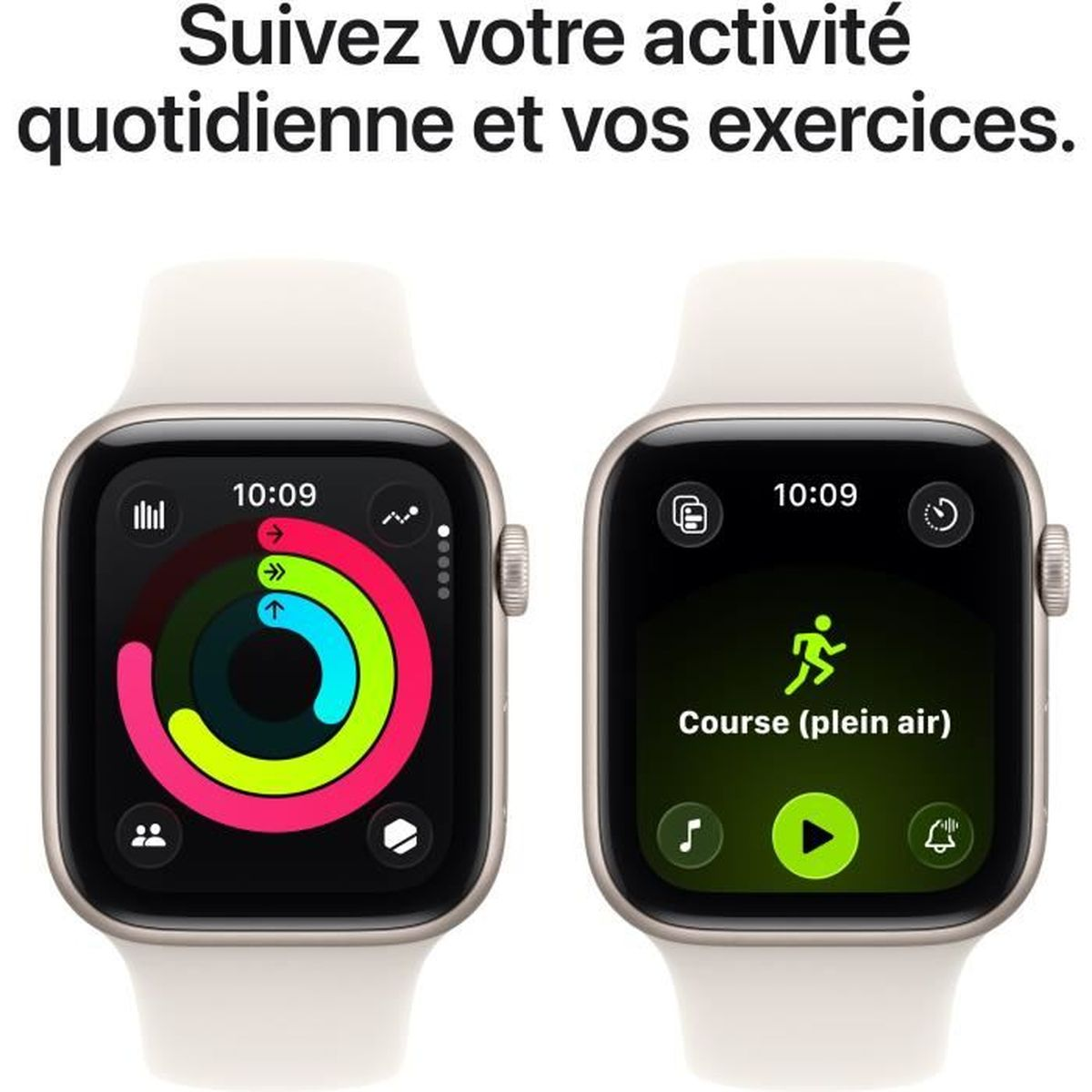 Dwa Apple Watch pokazują śledzenie aktywności. Jeden pokazuje pierścienie, drugi bieganie na zewnątrz. Tekst u góry: 'Śledź swoją codzienną aktywność'.