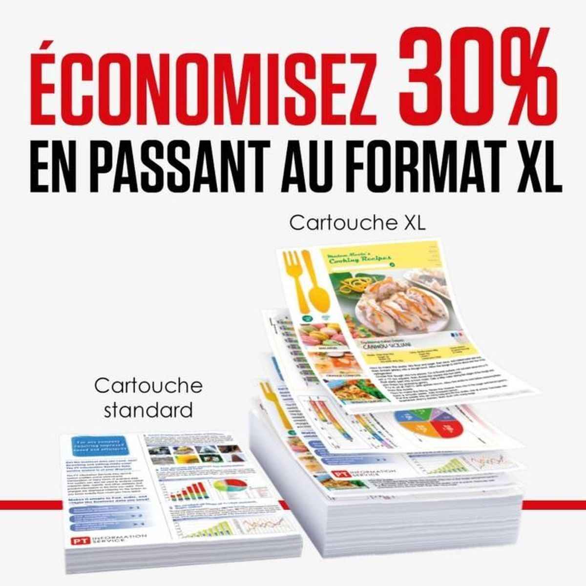 Reklama wkładu XL, pokazująca stos papierów z tekstem i obrazami oraz ofertę rabatu 30%.