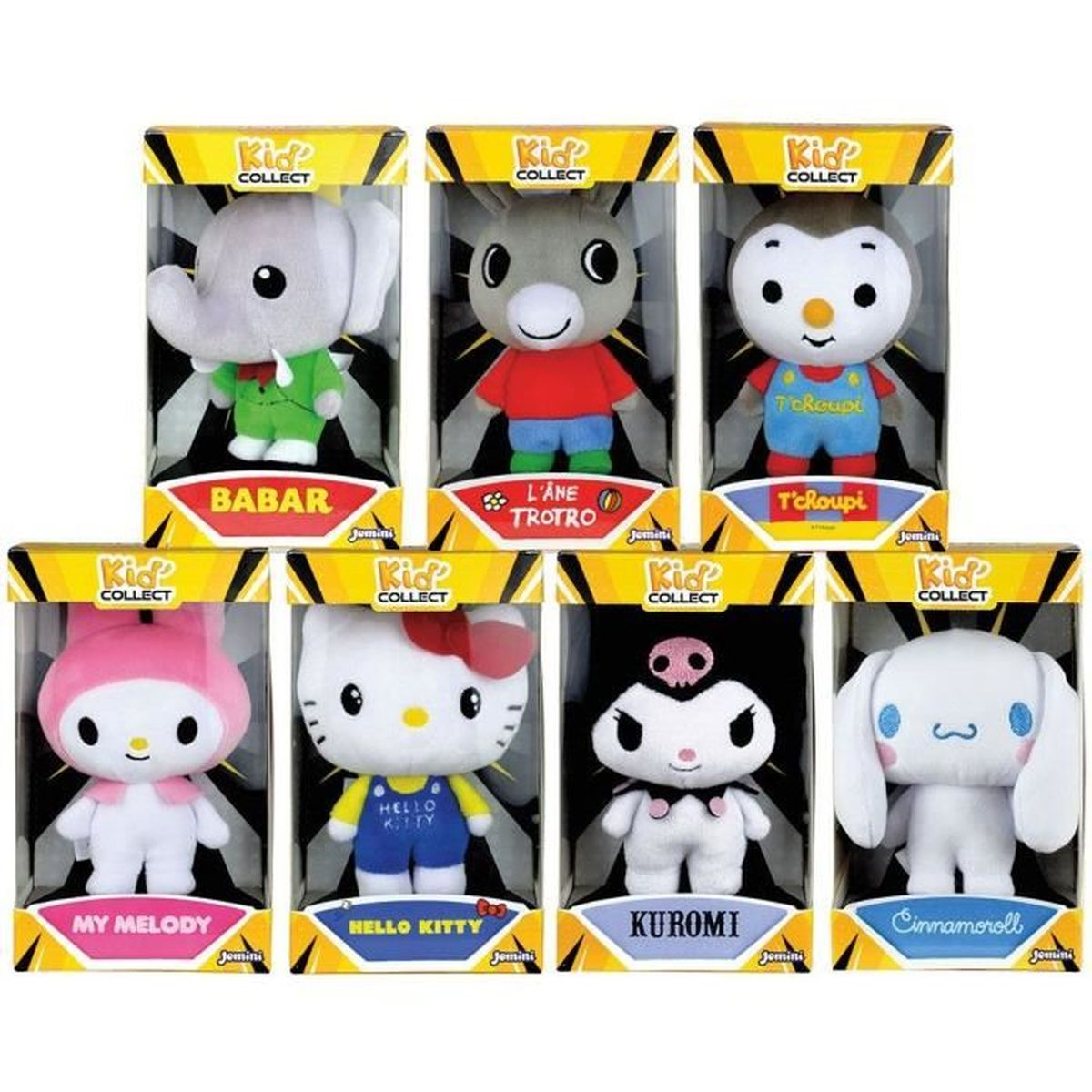 Sieben Plüschtiere von Zeichentrickfiguren in Schachteln: Babar, L'Ane Trotro, T'choupi, My Melody, Hello Kitty, Kuromi und Cinnamoroll.