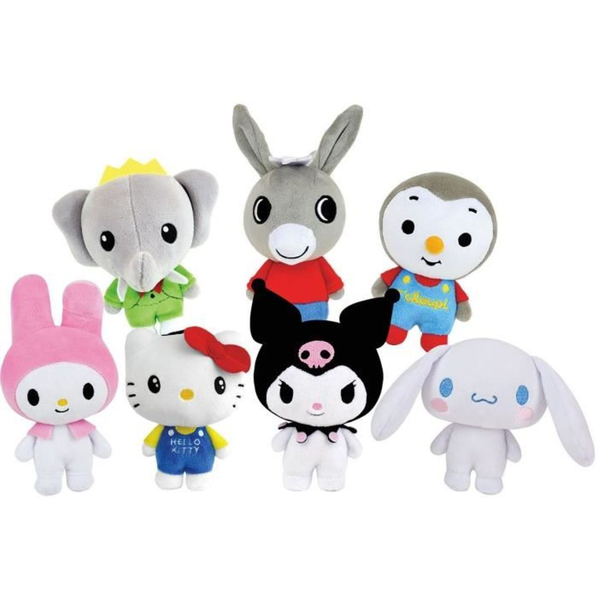 Eine Sammlung von Plüschtieren mit verschiedenen Zeichentrickfiguren, darunter ein Elefant, ein Hase und ein Pinguin, die alle aufrecht stehen.