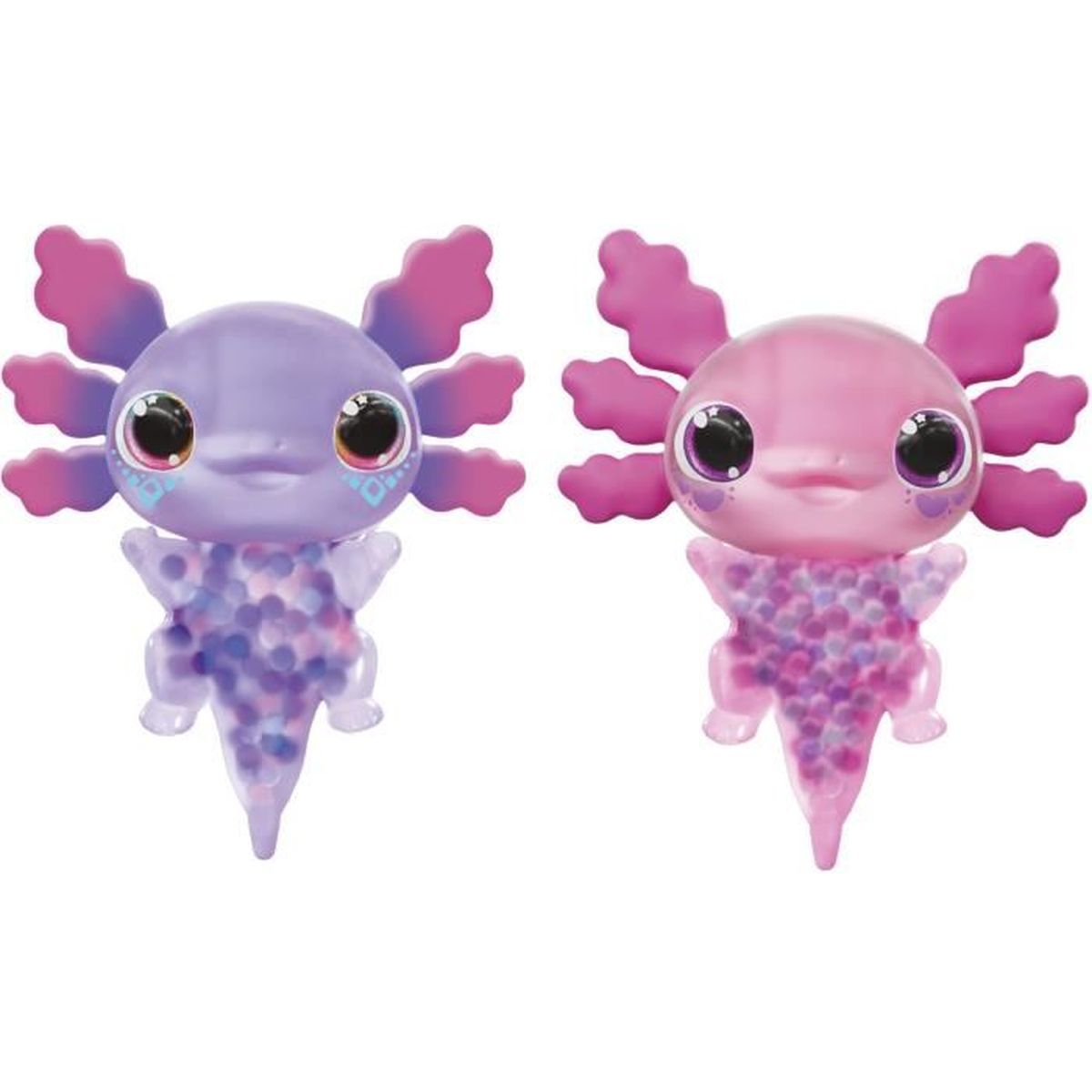 Deux jouets axolotls colorés. Un violet, un rose. Les deux ont de grands yeux, des volants roses et des ventres remplis de bulles. Ils sont sur fond blanc.