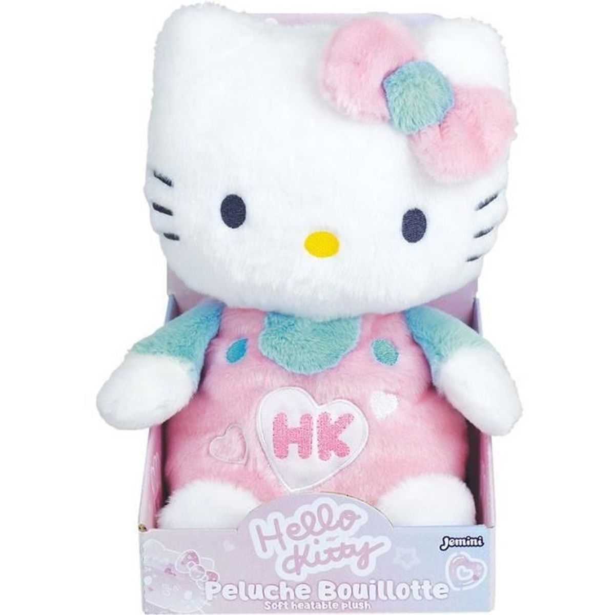 Hello Kitty Plüschtier in einer Box. Es ist weiß mit einer rosa Schleife und Outfit. Die Box sagt 'Hello Kitty Peluche Bouillotte'.