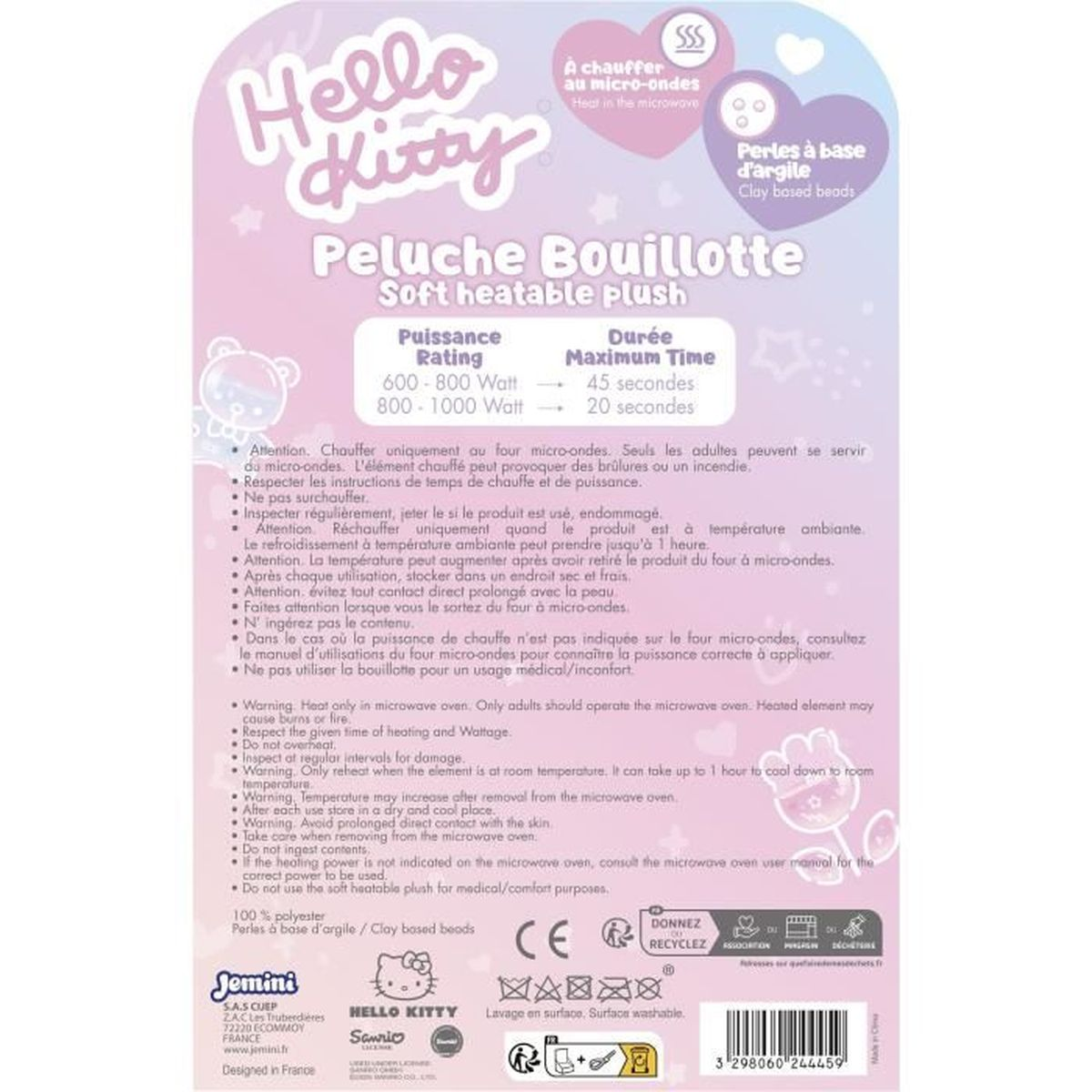 Rosa Hello Kitty Plüsch, Anweisungen zum Mikrowellenheizen, Warnungen und Recyclingsymbole auf dem Etikett.