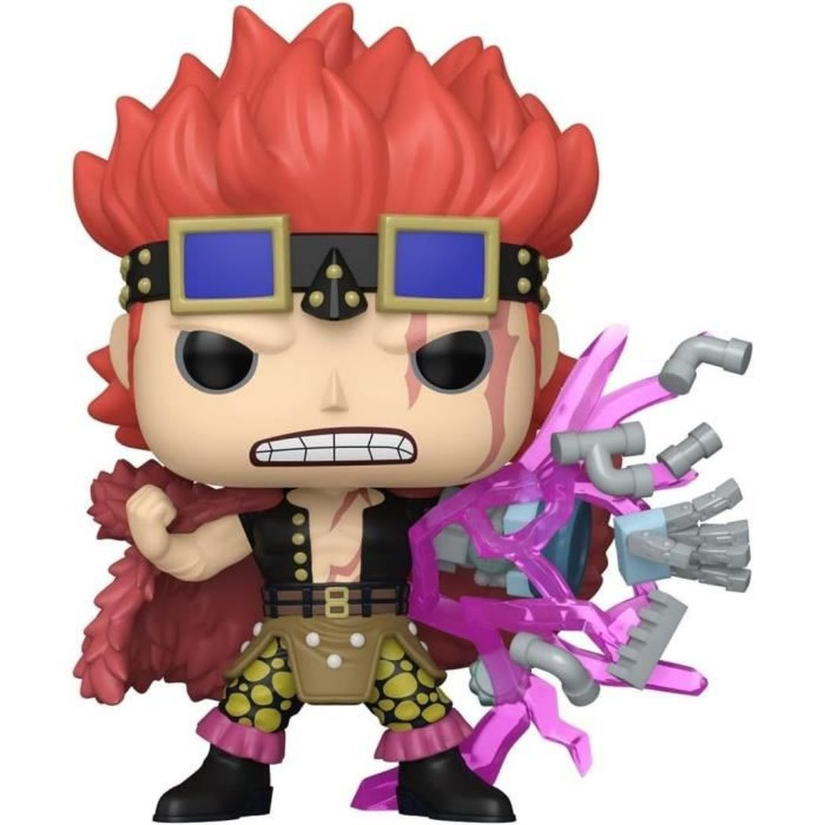 Figurka Funko Pop Eustass Kid z rudymi włosami, goglami i blizną. Trzyma różową konstrukcję energetyczną z metalowymi ramionami.