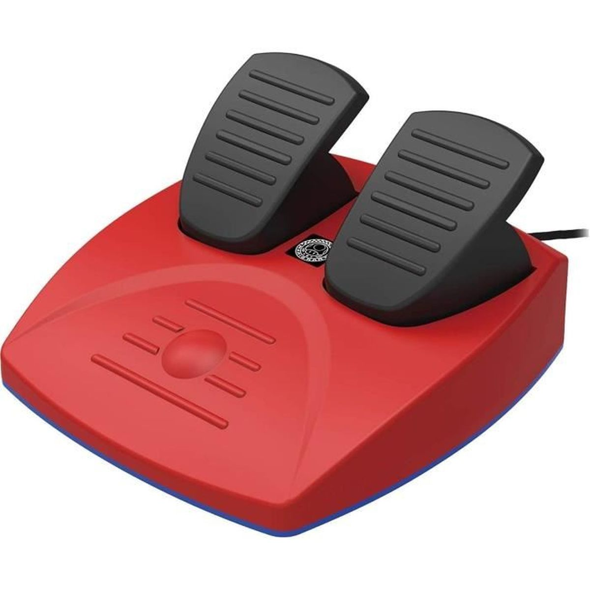 Base rossa con due pedali neri, forse per il gioco. La base ha un bordo blu ed elementi di design.