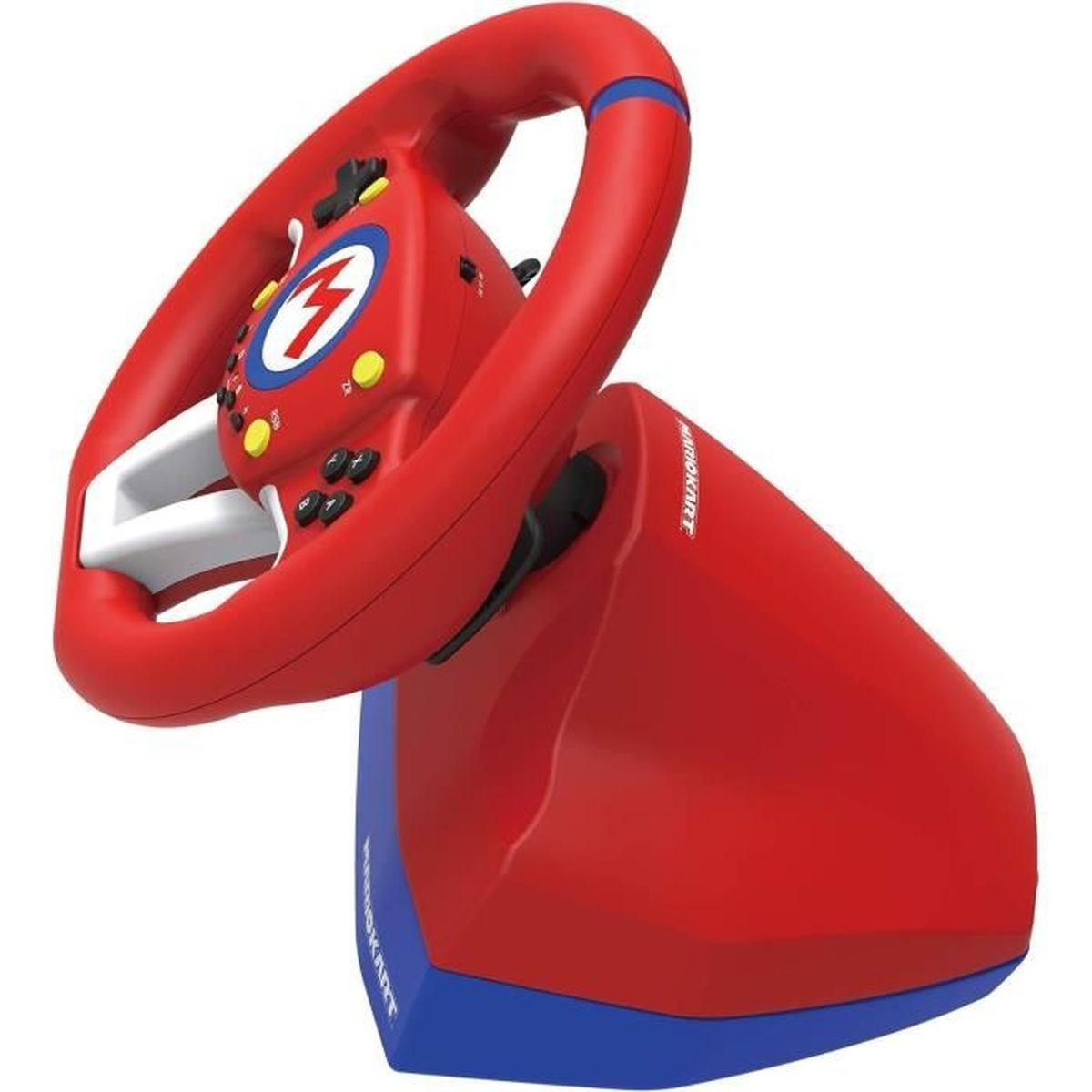 Un volante rosso di Mario Kart per Nintendo Switch. Presenta pulsanti, un logo di Mario e una base blu e bianca.