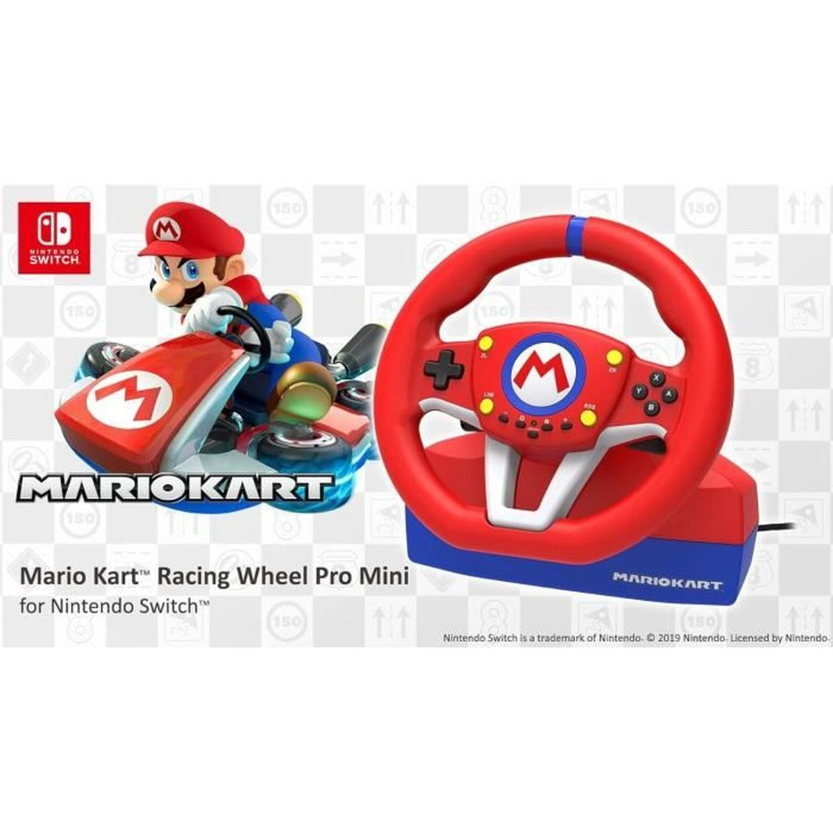 L'immagine mostra un volante da corsa di Mario Kart e un kart con Mario. Il volante è rosso e blu, il kart è rosso e bianco.