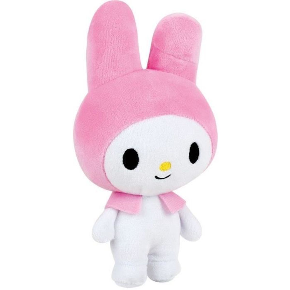 Ein My Melody Plüschtier. Es hat rosa Ohren und eine rosa Kapuze. Das Gesicht ist weiß mit schwarzen Augen und einer gelben Nase. Der Körper ist weiß.