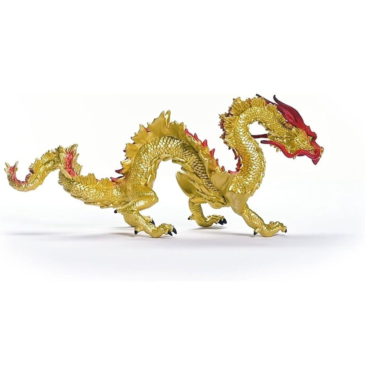 Una statuetta di drago dorato con dettagli rossi su sfondo bianco. Il drago è in posa di camminata, con squame e artigli dettagliati.