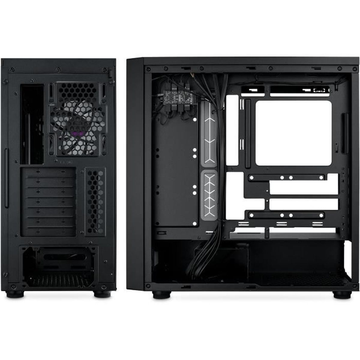 Black computer case with open side panels, revealing internal components and fan. The case is empty and ready for assembly.