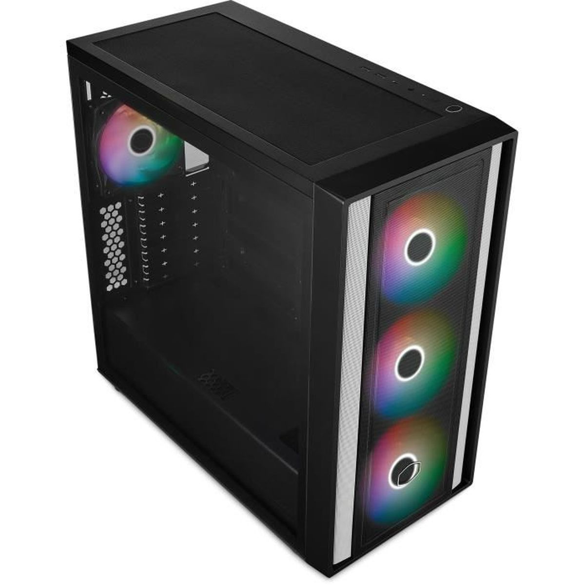 A black computer case with a glass side panel and three colorful LED fans on the front.