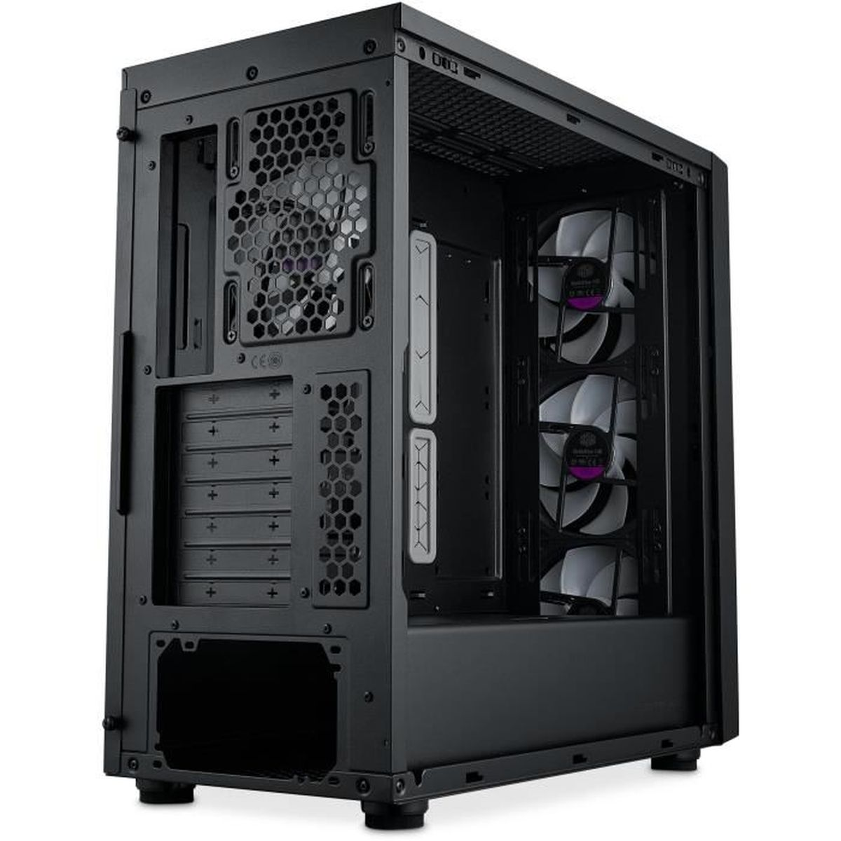 Black computer case with open side. Interior shows fans and components. Front panel has various openings.