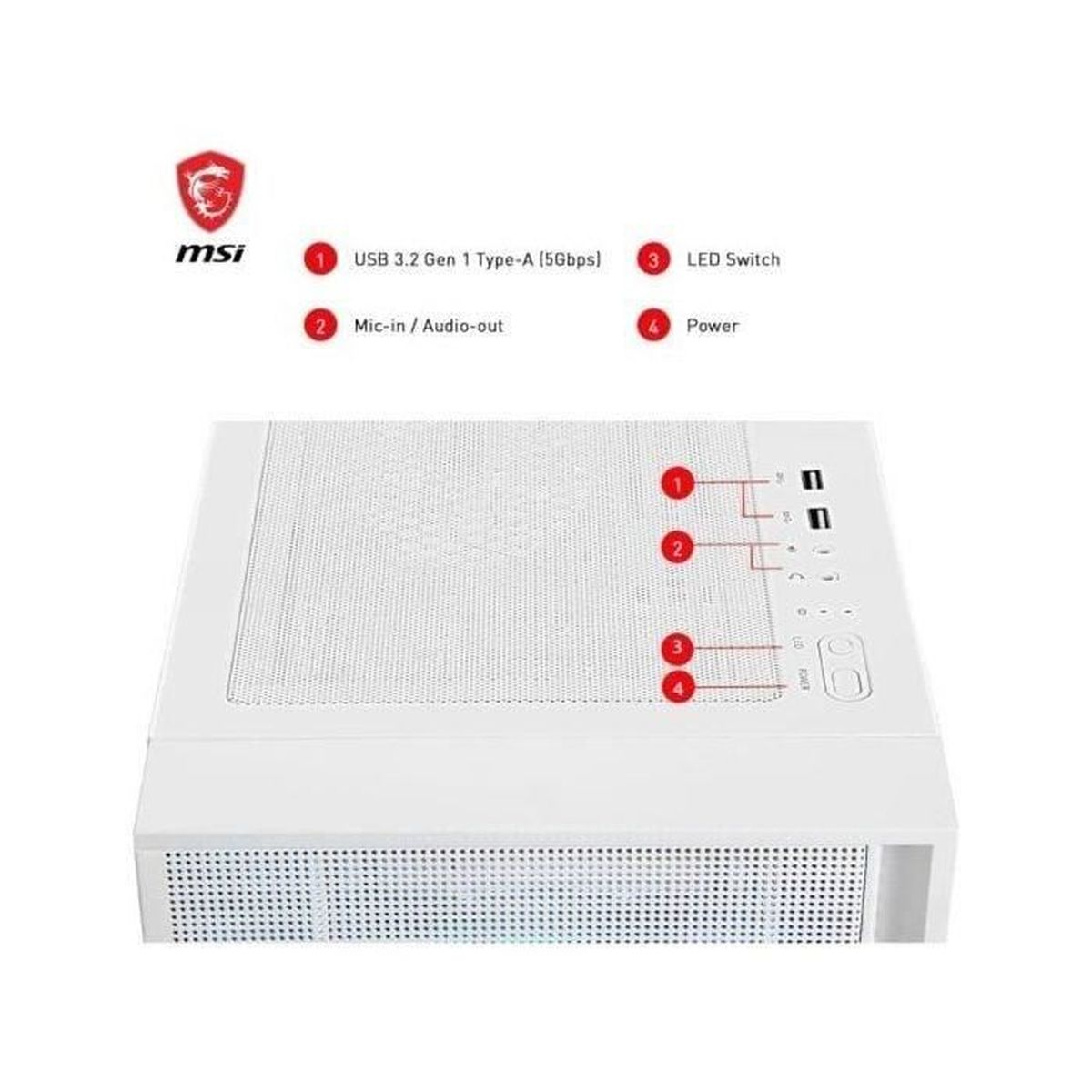 Biała obudowa komputera z oznaczonymi portami: USB, mikrofon, przełącznik LED i zasilanie. Logo MSI znajduje się w lewym górnym rogu.