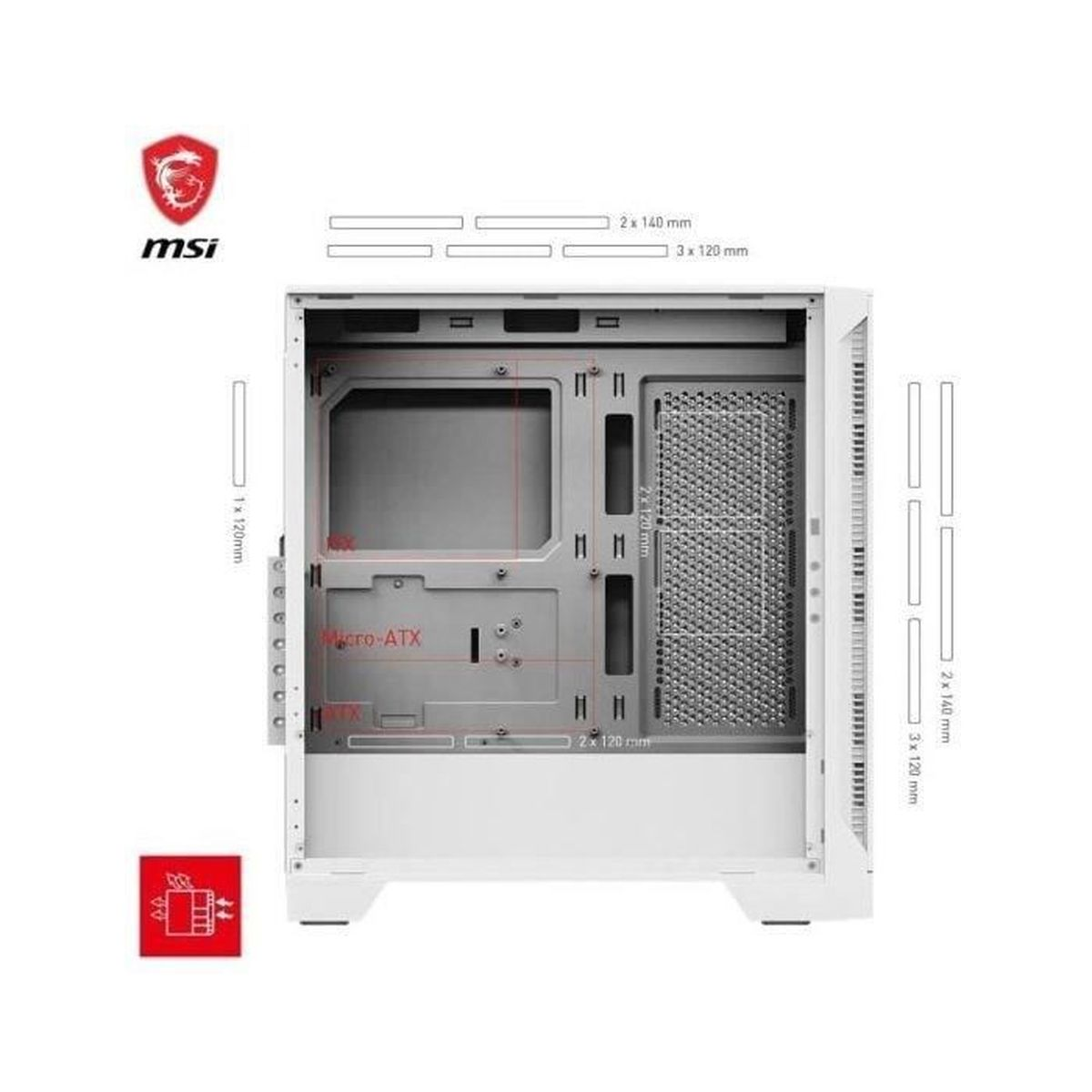 Wnętrze białej obudowy komputera z oznaczonymi sekcjami dla Micro-ATX, rozmiarów wentylatorów i logo MSI.