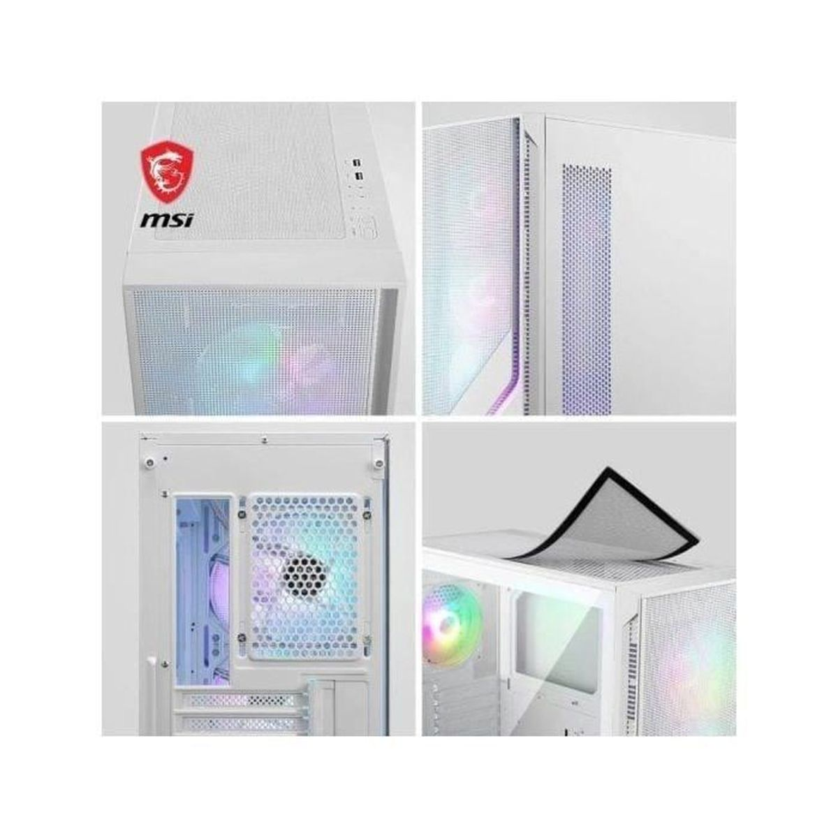 Biała obudowa komputera z logo MSI, prezentująca różne kąty. Szczegóły wnętrza obejmują wentylatory i panele z siatki. Oświetlenie dodaje koloru.