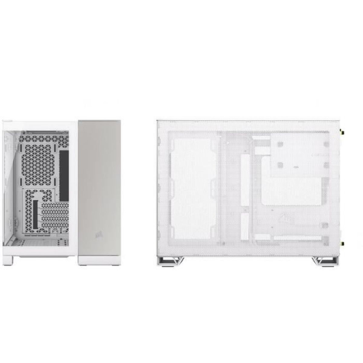 Wyświetlane są dwie białe obudowy komputera. Lewa ma otwarty bok, odsłaniający elementy wewnętrzne. Prawa pokazuje tył.
