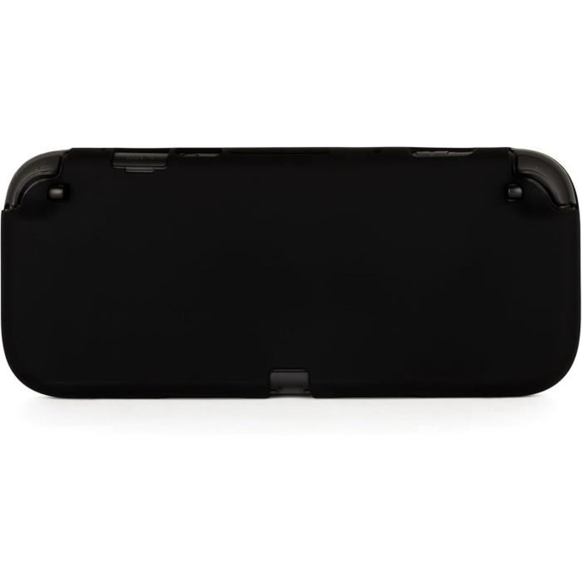 Una custodia nera per Nintendo Switch è mostrata dal retro. È rettangolare con bordi curvi e presenta ritagli per i pulsanti e una porta.
