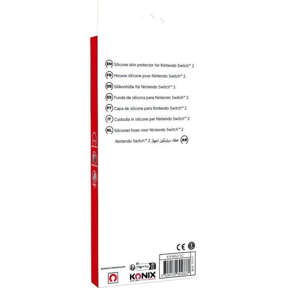 Confezione per una protezione per la pelle di Nintendo Switch. Testo in più lingue. Logo del marchio Konix in basso. Simbolo CE.