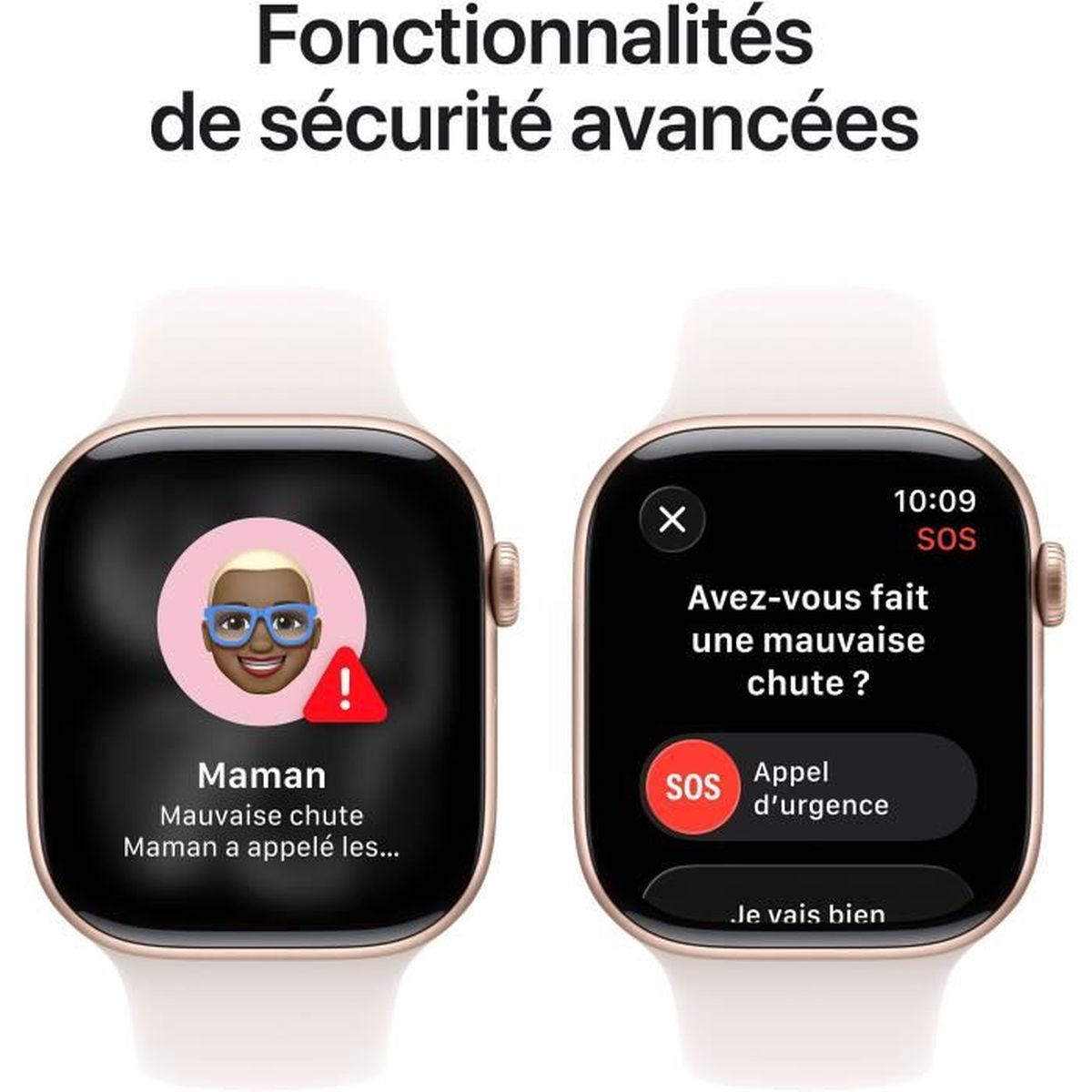 Dwa zegarki Apple Watch pokazujące funkcje wykrywania upadku. Jeden z powiadomieniem o upadku, drugi pytający, czy użytkownik miał zły upadek.