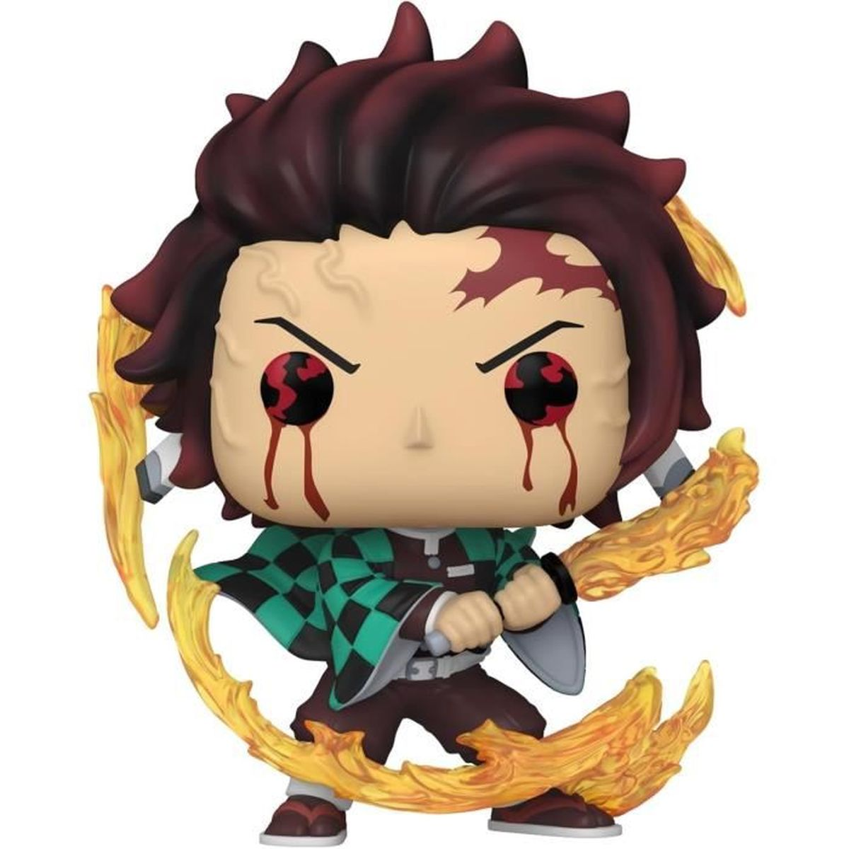 Figura Funko Pop de Tanjiro Kamado. Presenta cabello rojo, un haori verde a cuadros, sosteniendo una espada con efectos de fuego. Lágrimas de sangre.