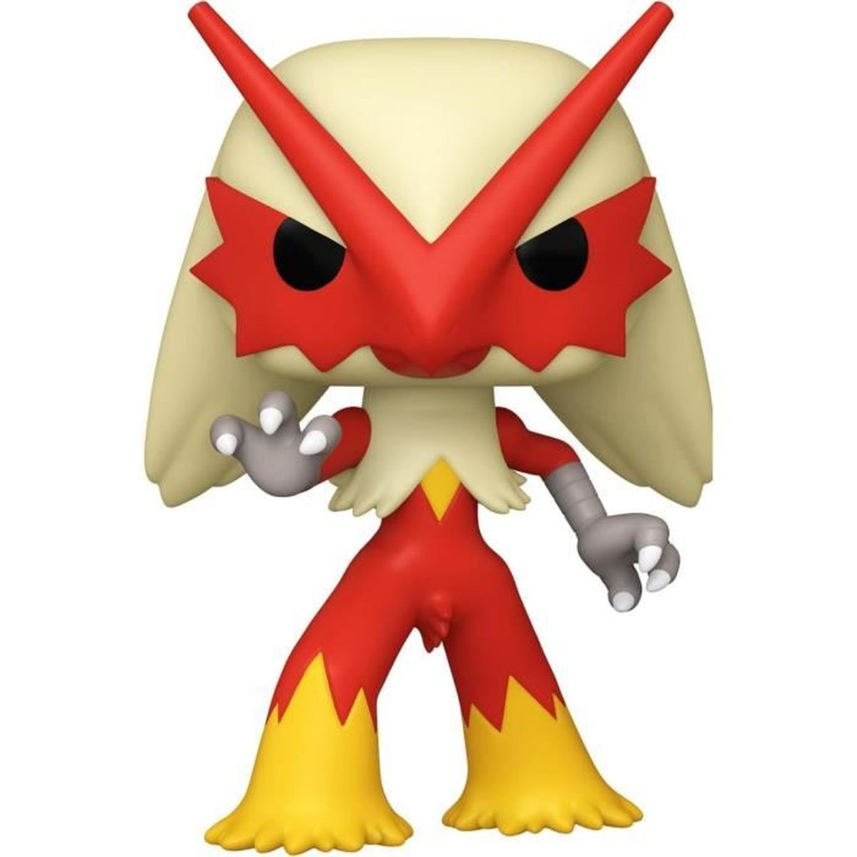 Una figura Funko Pop de Blaziken con colores rojo, amarillo y crema. Está en pose de combate, con los brazos doblados y garras fuera.