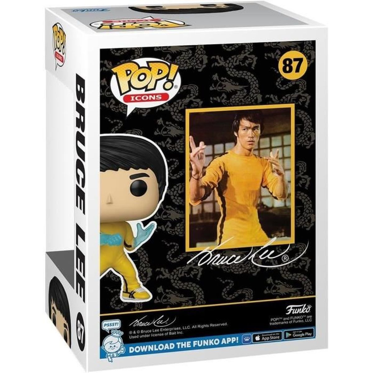 Scatola di un Funko Pop di Bruce Lee. Presenta una figura di Bruce Lee e un'immagine di lui in tuta gialla.