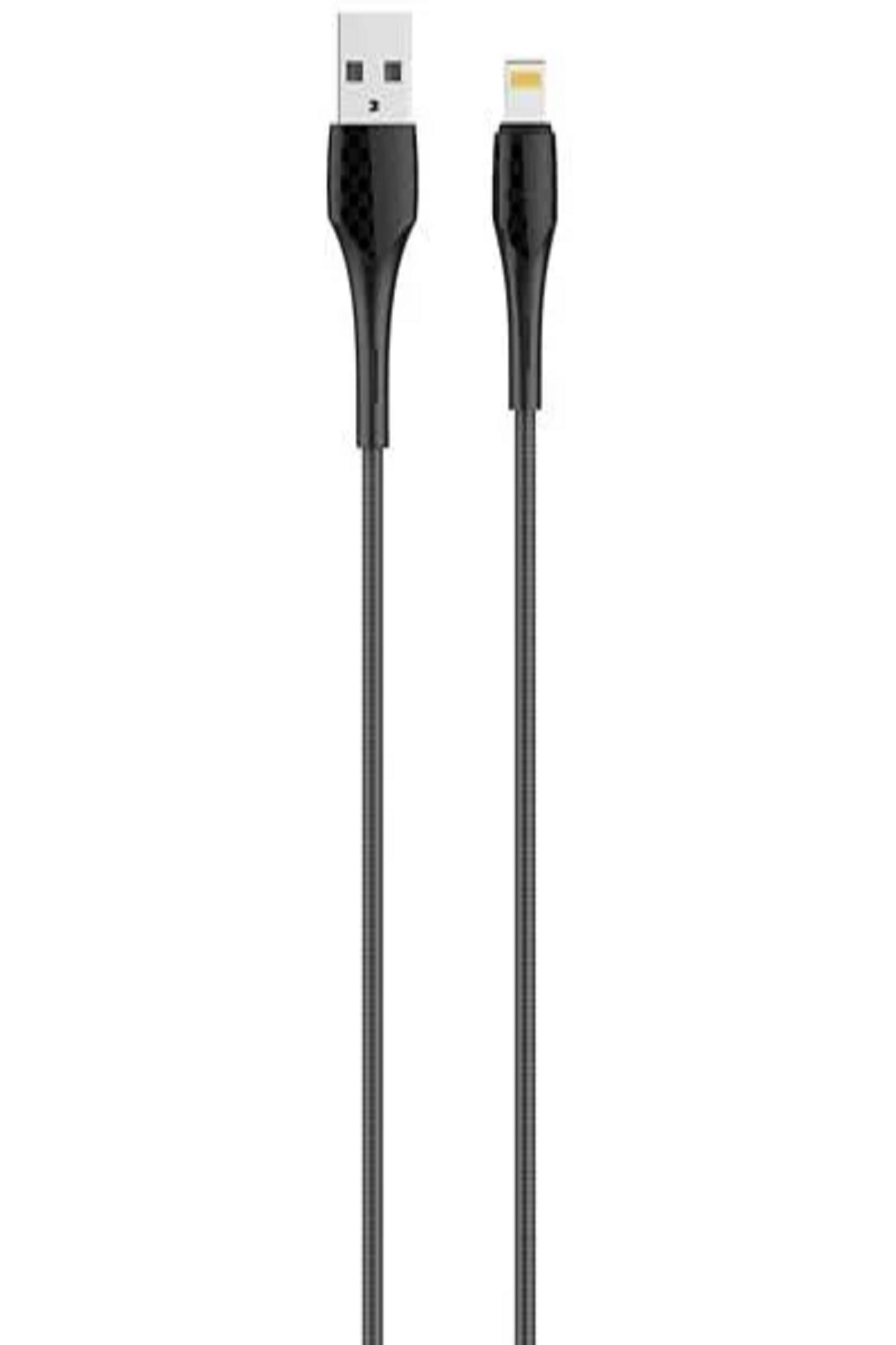 Siyah bir şarj kablosu, bir ucunda USB konnektörü ve diğer ucunda yıldırım konnektörü, beyaz bir arka plan üzerinde.