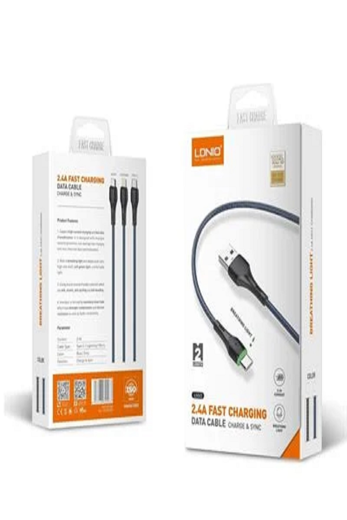 Siyah ve mavi USB şarj kabloları içeren iki beyaz kutu. Bir kutu kabloları, diğeri ise kullanımda olan kabloyu gösteriyor.