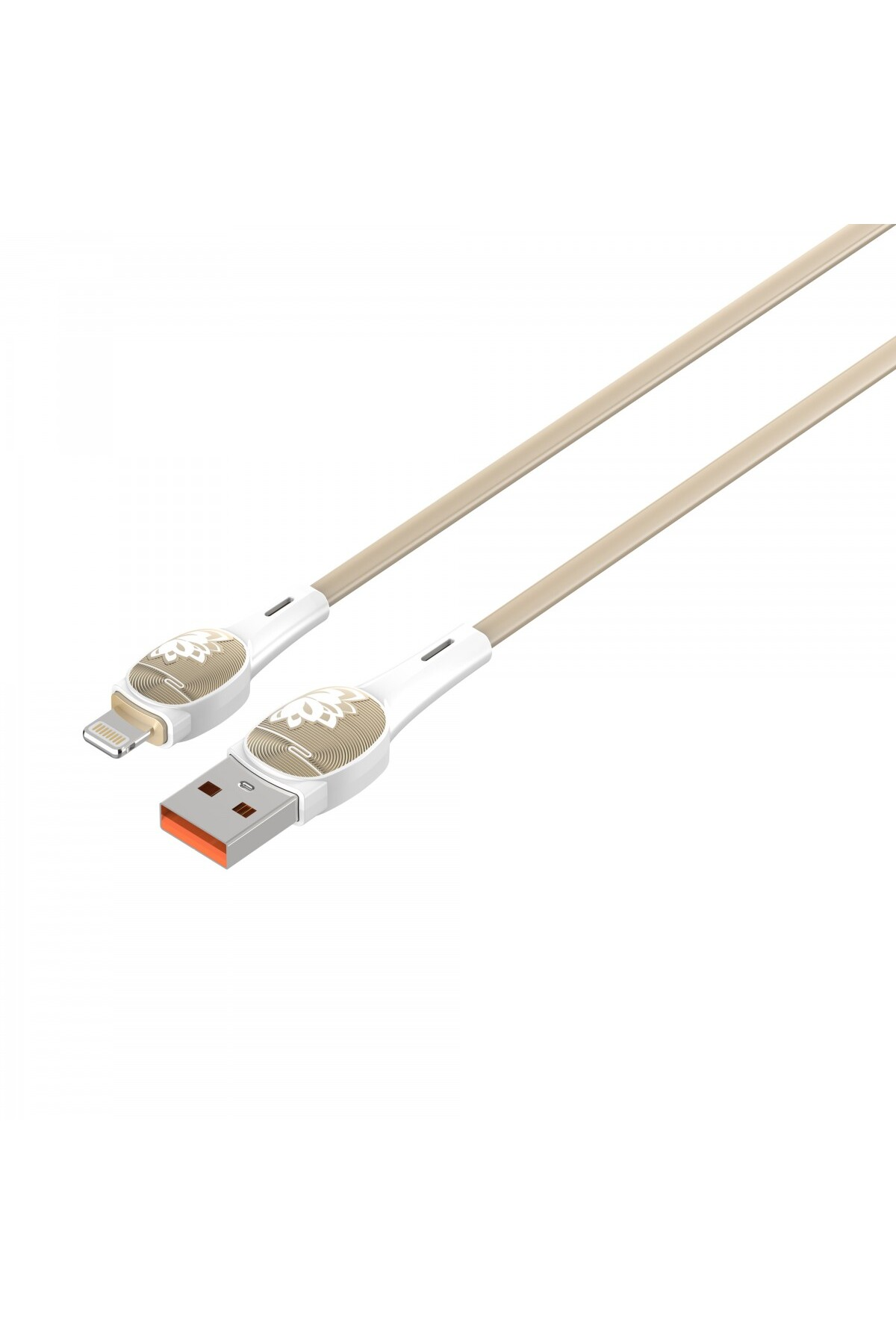 Beyaz konektörlere ve bir USB ve Lightning portuna sahip bej bir şarj kablosu. USB portunun iç kısmı turuncudur.
