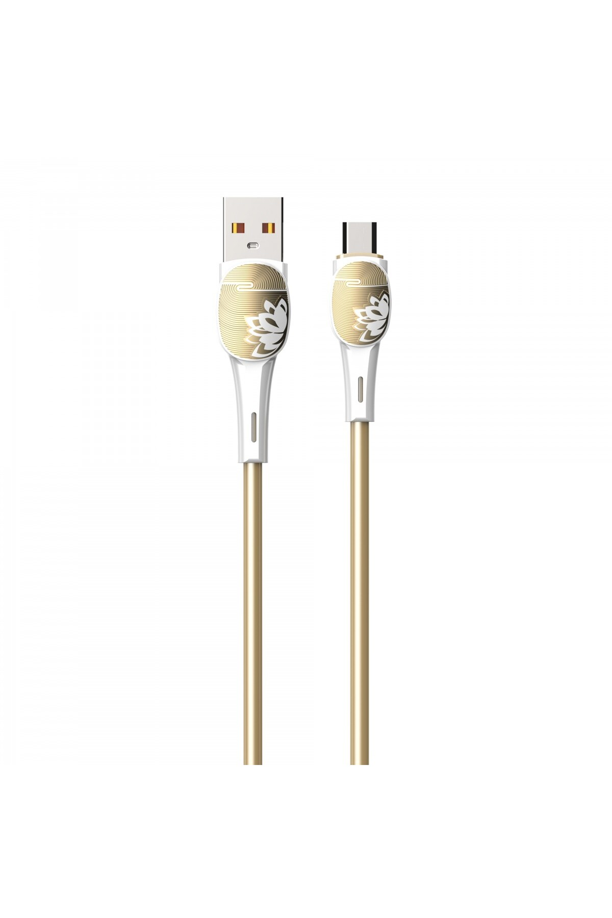Beyaz zemin üzerinde, konektörlerinde lotus çiçeği tasarımına sahip altın renkli bir USB şarj kablosu.