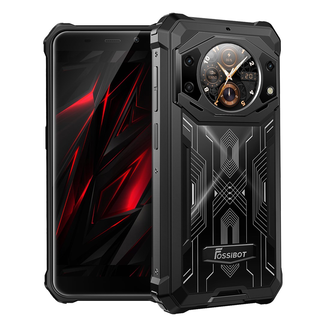 Czarny smartfon z etui ochronnym. Telefon ma czerwono-czarny wzór na ekranie. Etui posiada dekoracyjne linie i mały ekran.