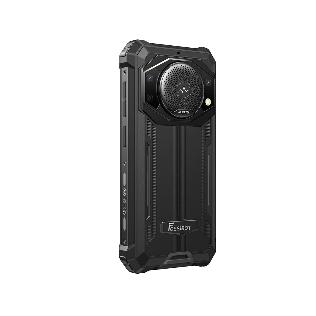 Czarny, wytrzymały smartfon FOSSiBOT. Posiada duży głośnik, wiele kamer i teksturowany tył.