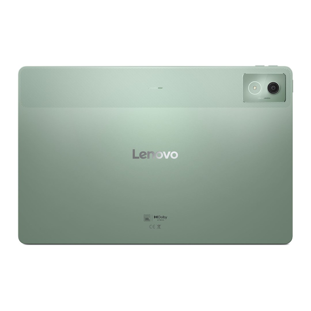Tył zielonego tabletu Lenovo. Zawiera logo Lenovo, aparat i markę Dolby Atmos. Tablet ma elegancki, nowoczesny design.
