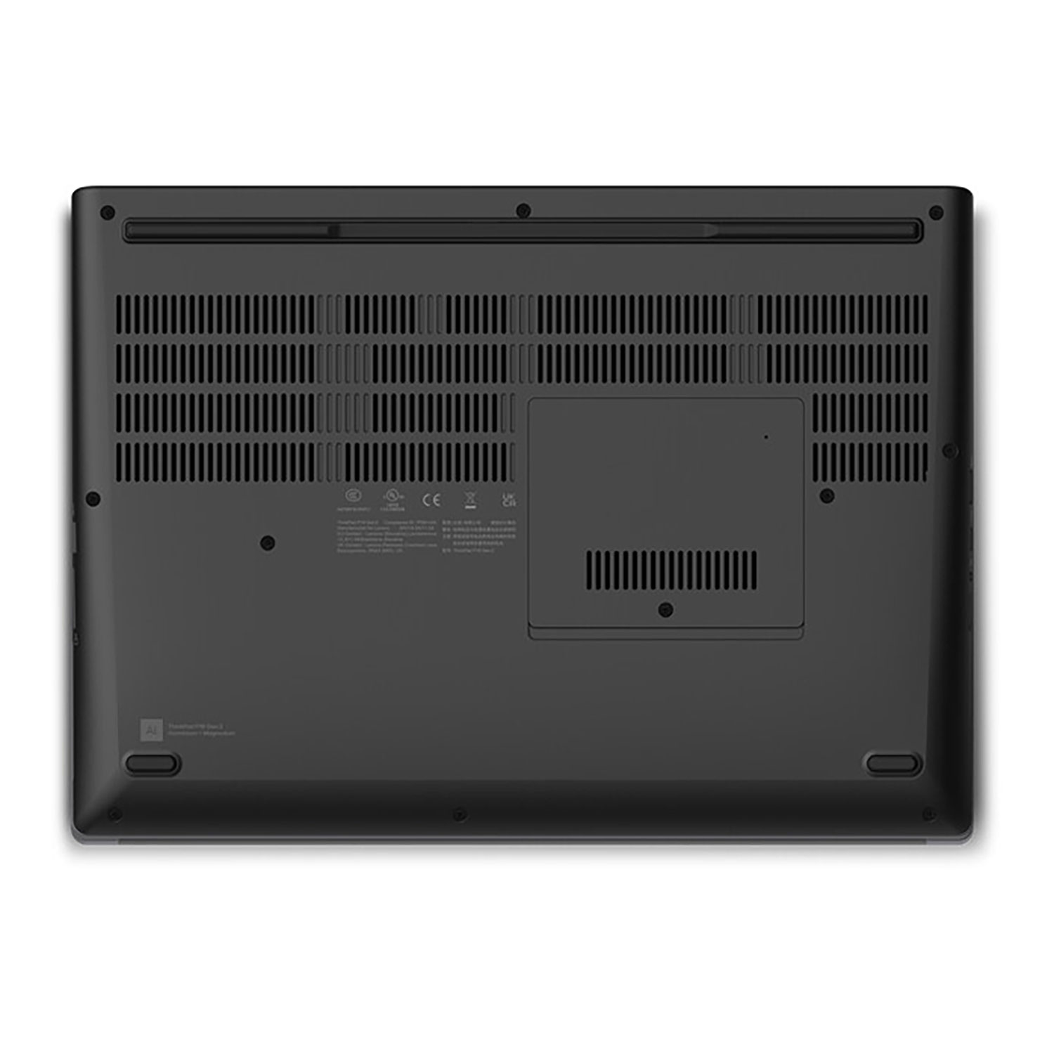 Spód ciemnoszarego laptopa. Posiada otwory wentylacyjne, prostokątny panel i kilka małych okrągłych otworów.