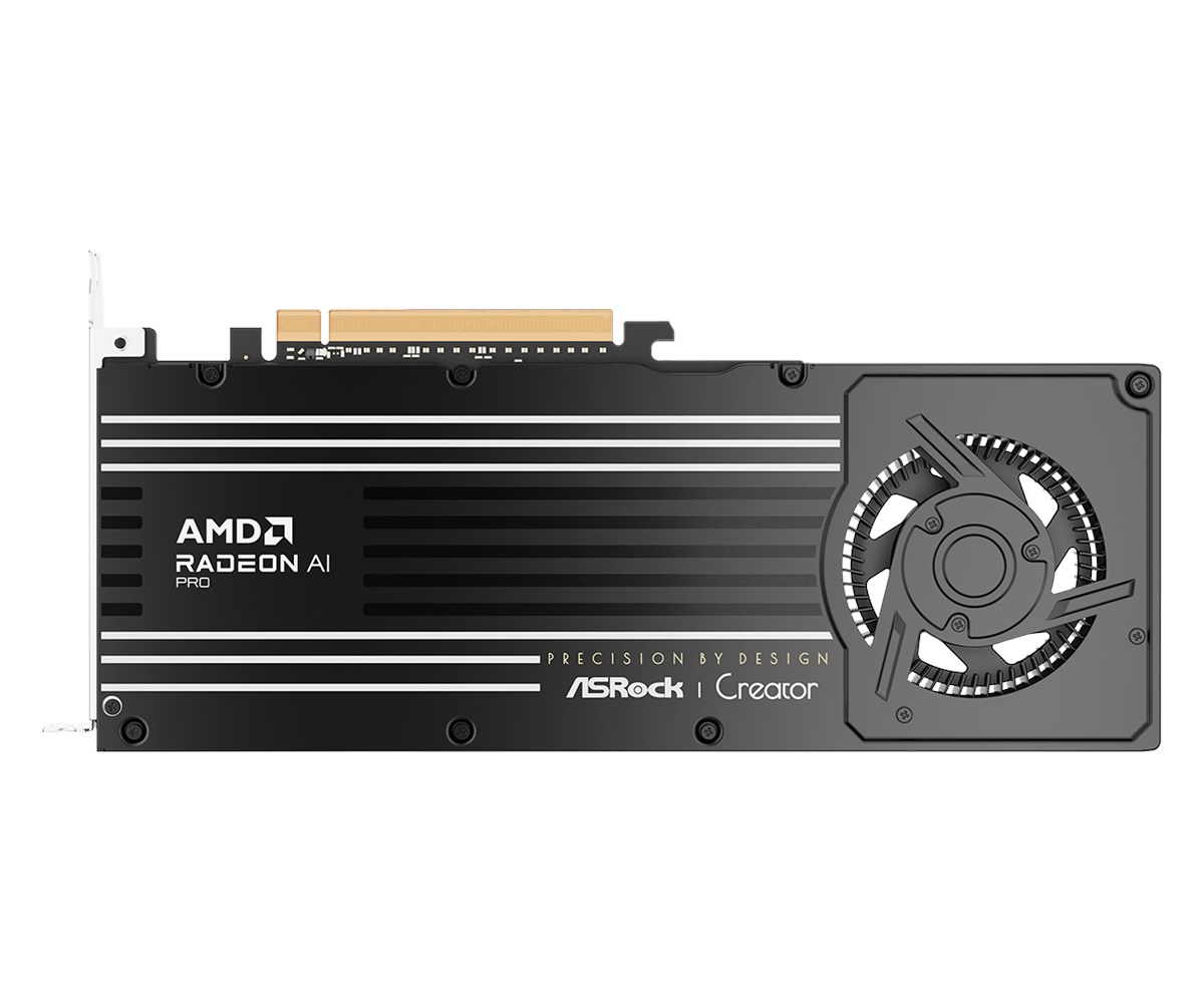 Czarna i szara karta graficzna. Posiada logo AMD Radeon AI i wentylator po prawej stronie. Widoczne jest również "ASRock | Creator".