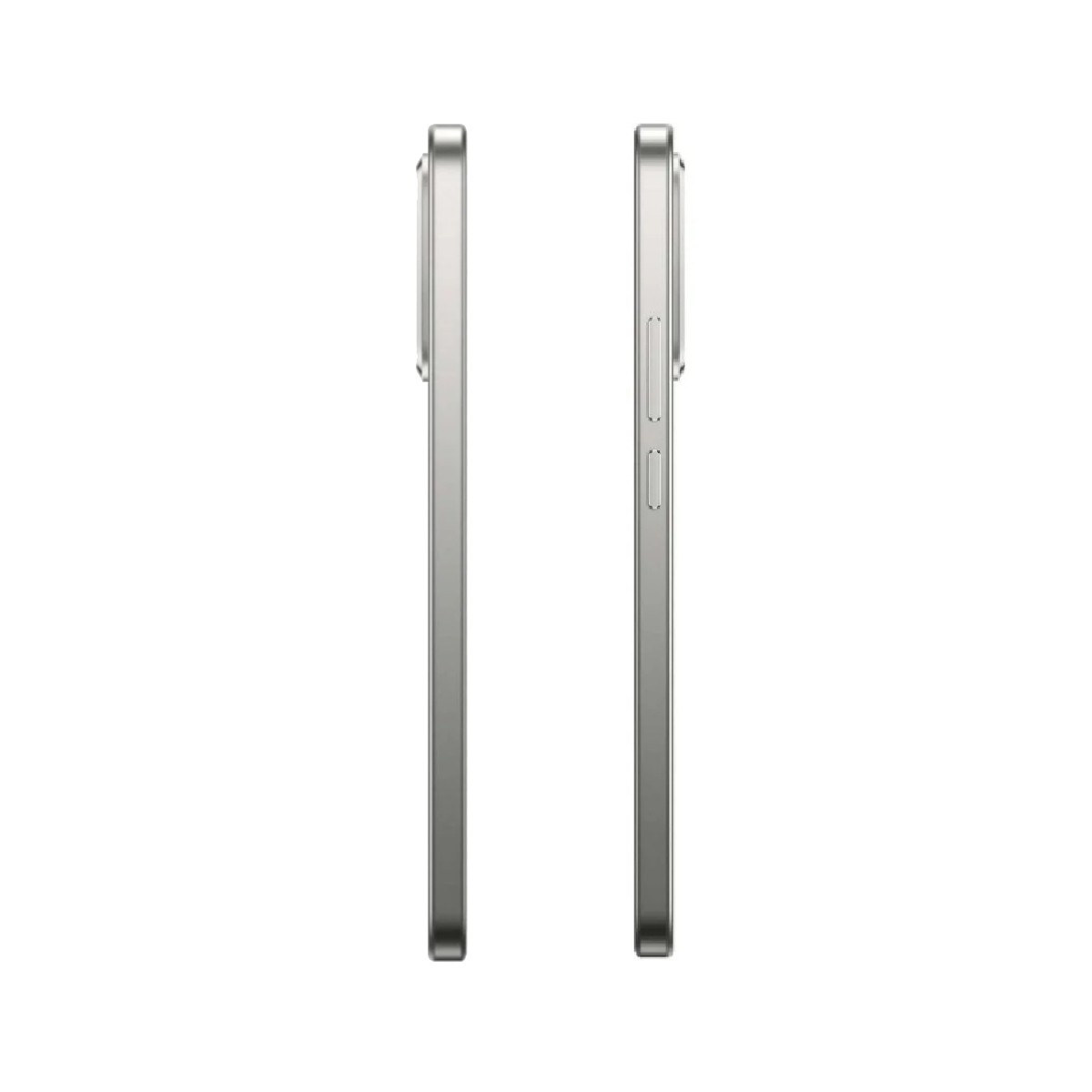 Dwa srebrne smartfony obok siebie, na białym tle. Jeden pokazuje przyciski zasilania i głośności. Drugi jest gładki.