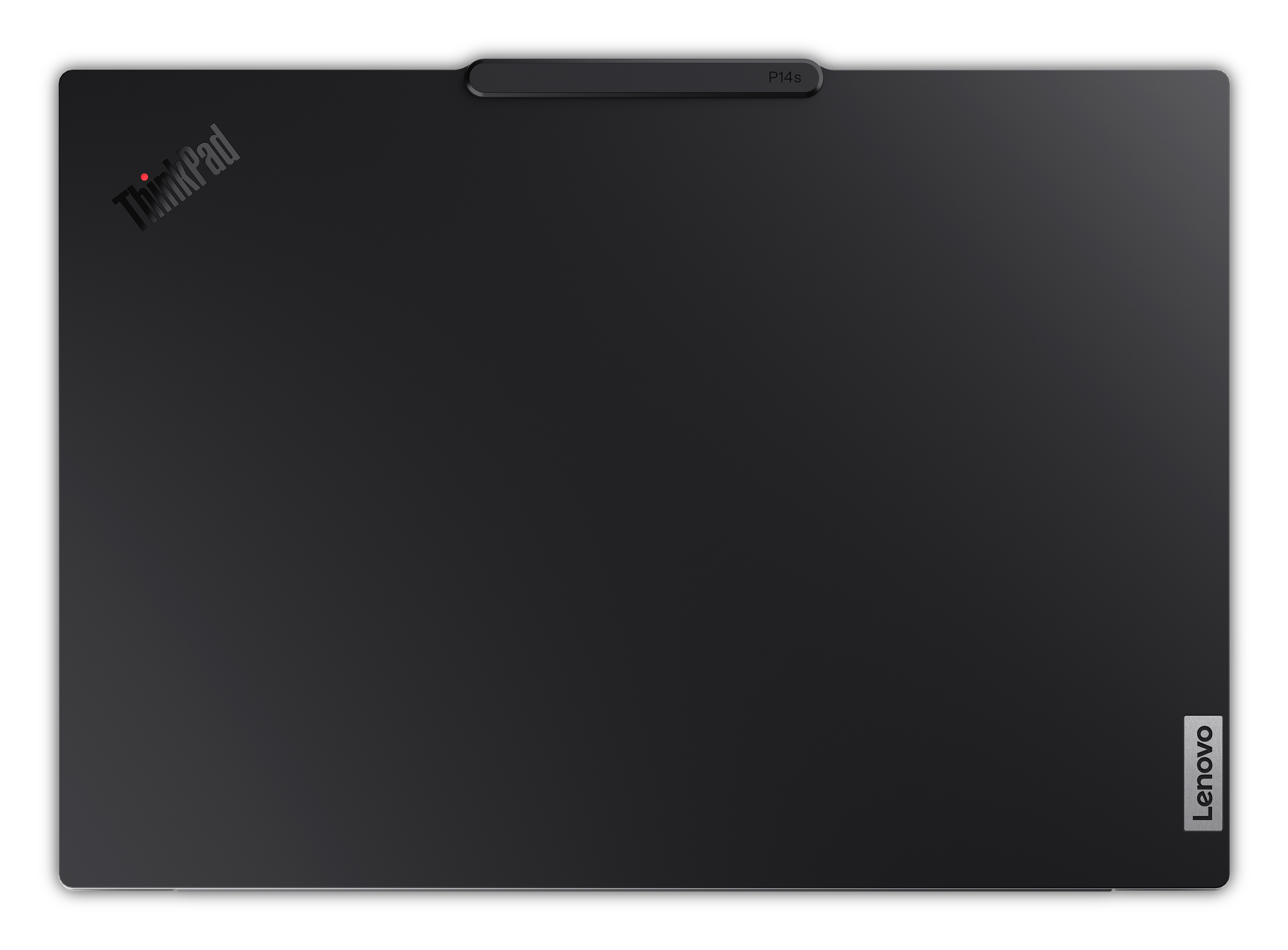 Laptop nero con logo ThinkPad in alto a sinistra e logo Lenovo in basso a destra. P14s in alto.