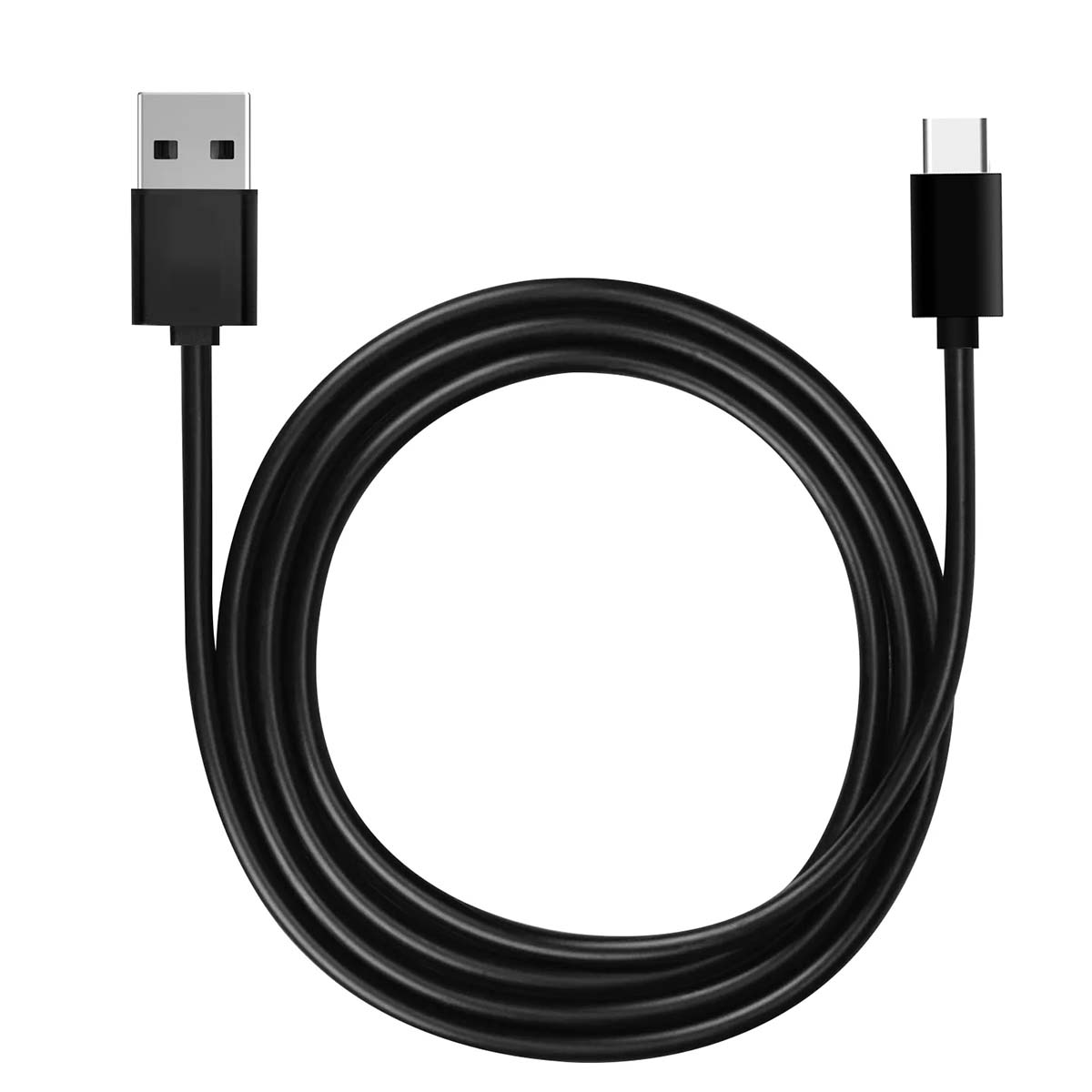 Un cable USB negro con un conector USB-A y un conector USB-C, el cable está enrollado en círculo.