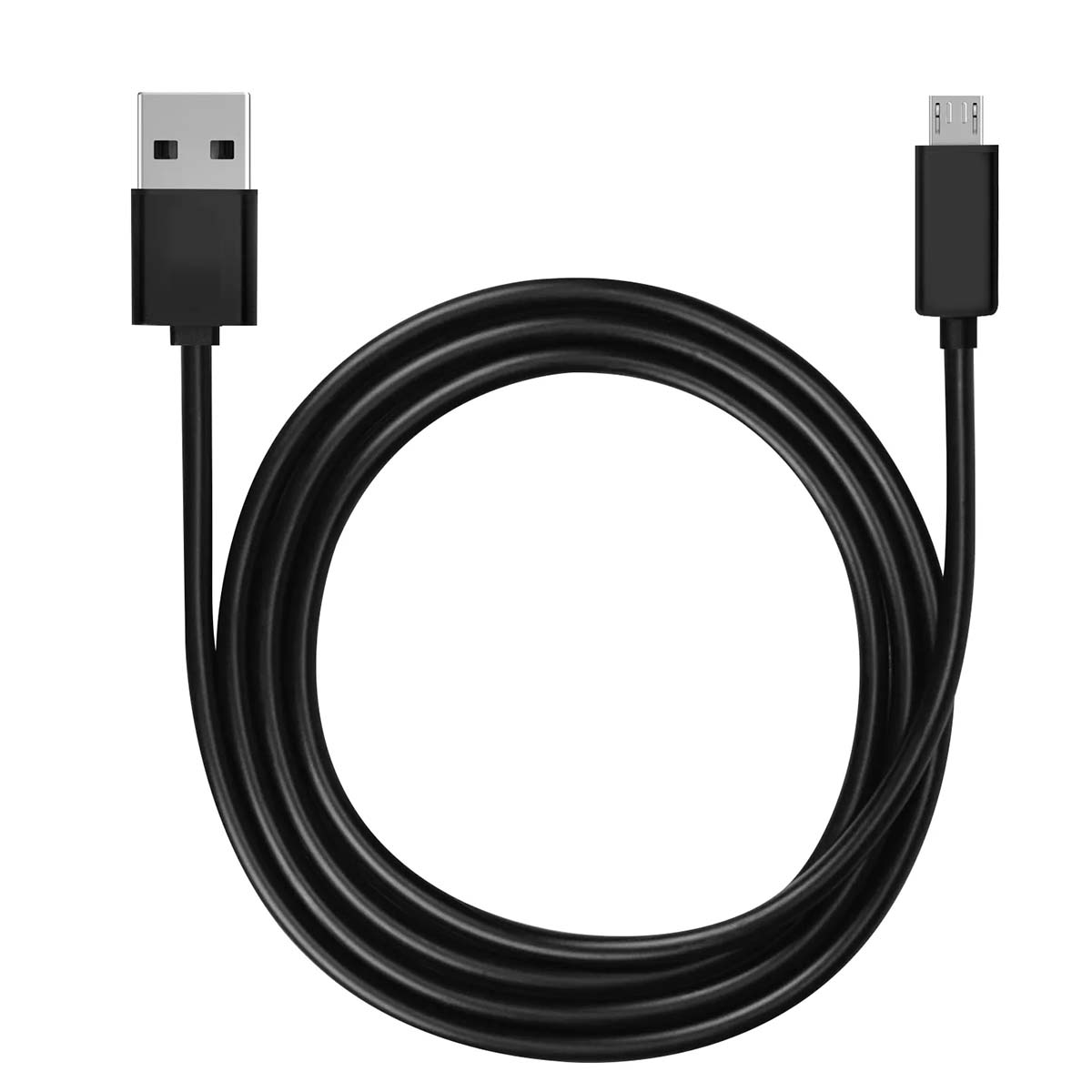 Cavo USB nero con due connettori, uno USB standard e uno micro USB. Il cavo è ad anello.