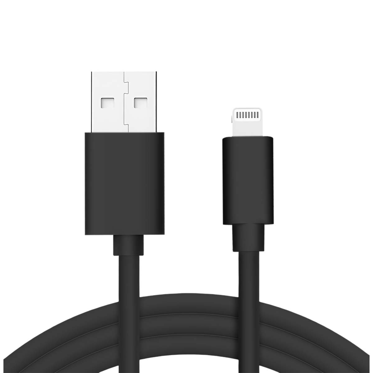 Un câble noir USB vers Lightning avec un connecteur USB blanc. Le câble est courbé en bas sur un fond blanc.