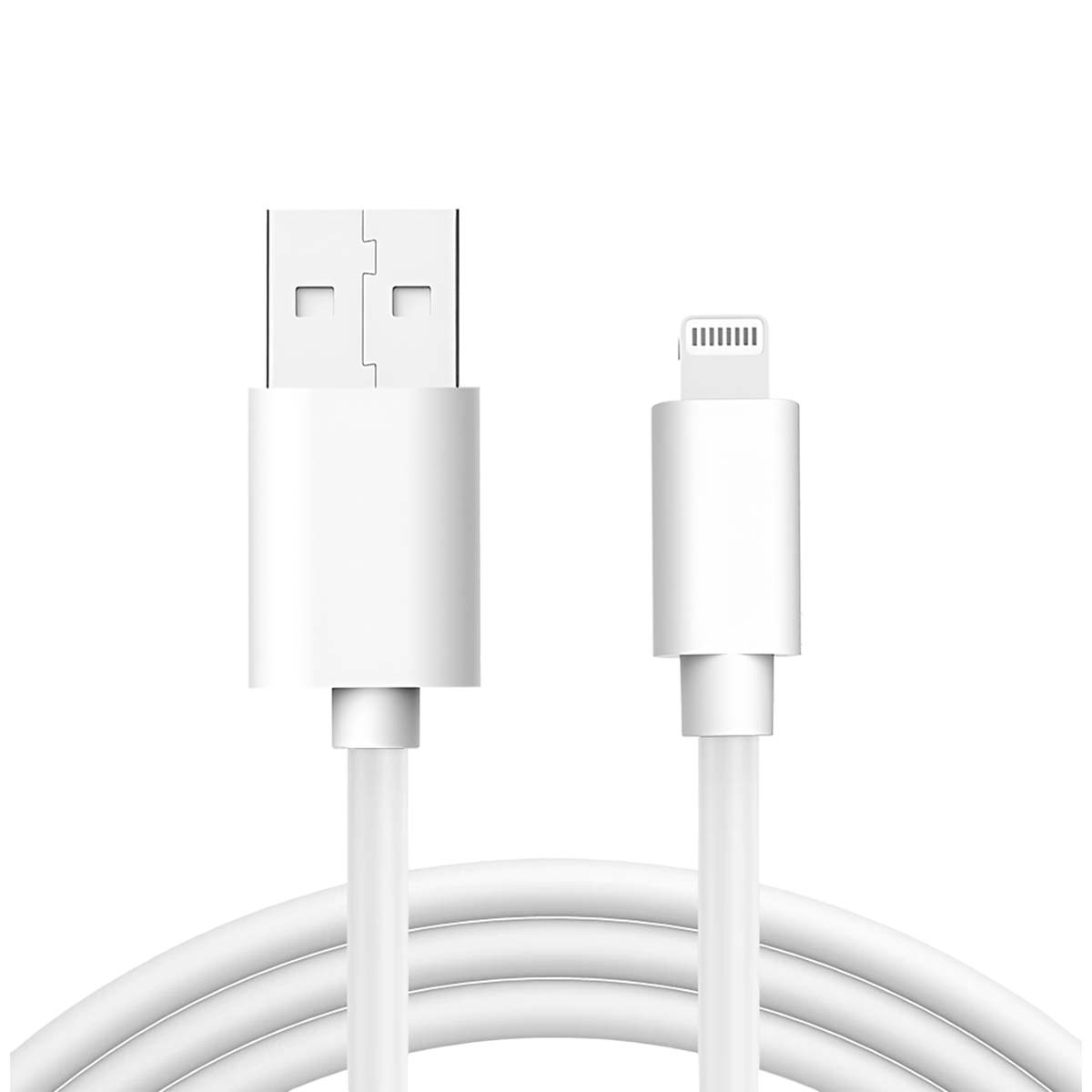 Un câble blanc USB vers Lightning sur fond blanc. Les connecteurs sont visibles. Le câble est enroulé.