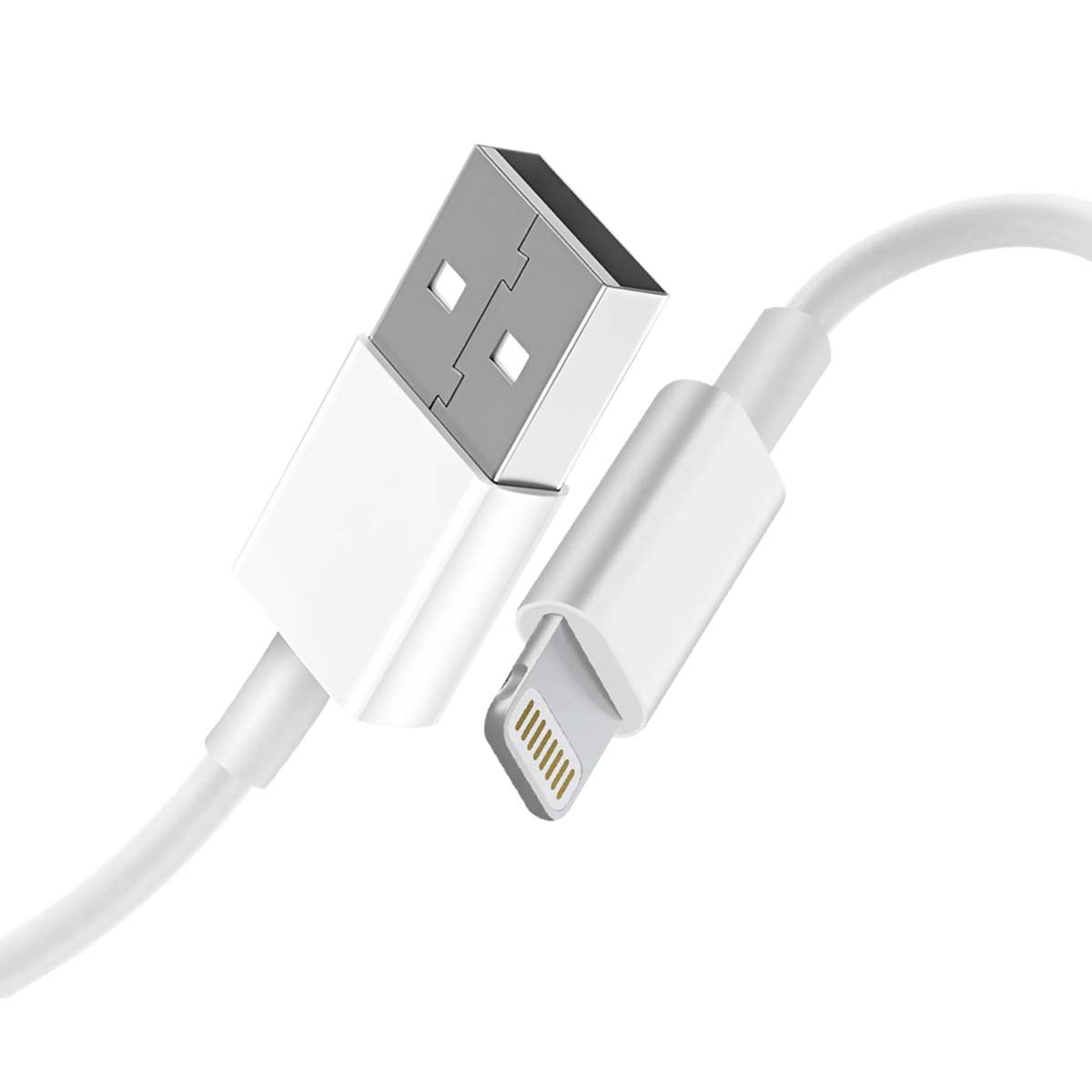 Un câble USB blanc avec un connecteur Lightning. L'extrémité USB est argentée et l'extrémité Lightning a des broches dorées.