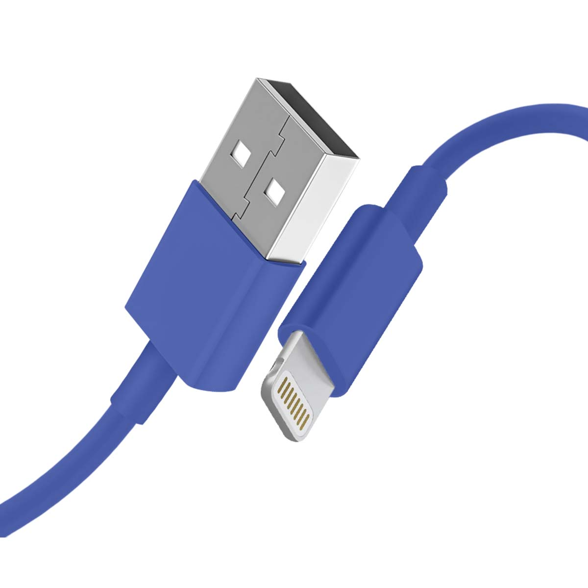 Un câble USB bleu avec un connecteur USB argenté et un connecteur Lightning sur fond blanc.