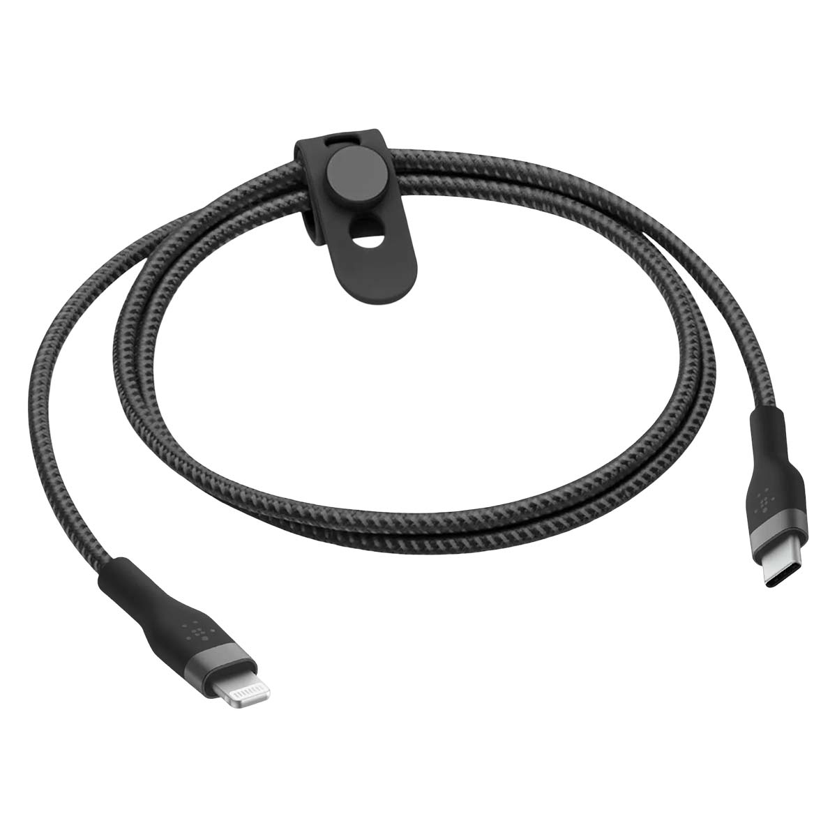 Czarny i szary kabel ładujący z dwoma różnymi końcówkami i organizerem kabli pośrodku, na białym tle.