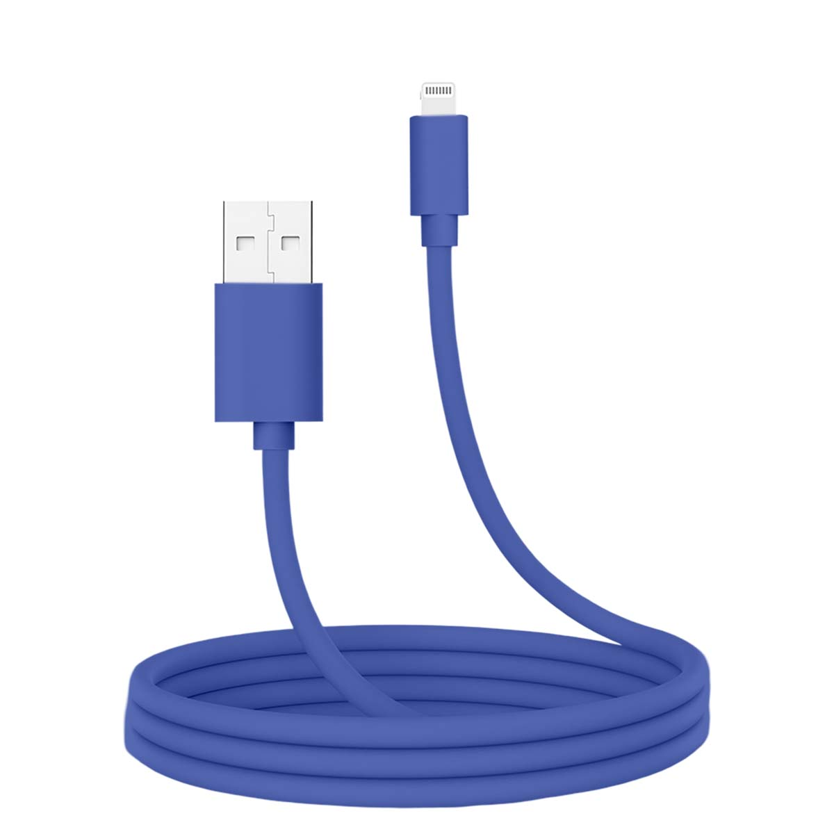 Un câble de chargement bleu avec un connecteur USB à une extrémité et un connecteur Lightning à l'autre. Le câble est enroulé.