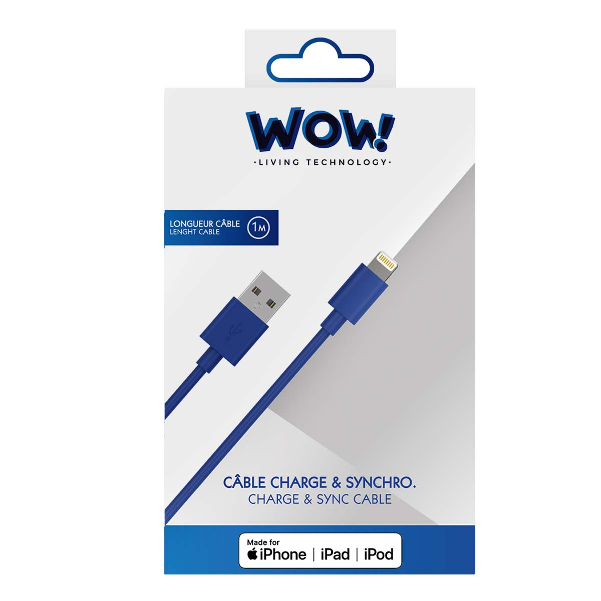 Un câble de charge bleu pour iPhone, iPad et iPod. L'emballage affiche le câble avec les étiquettes 'WOW!' et 'CHARGE & SYNC CABLE'.
