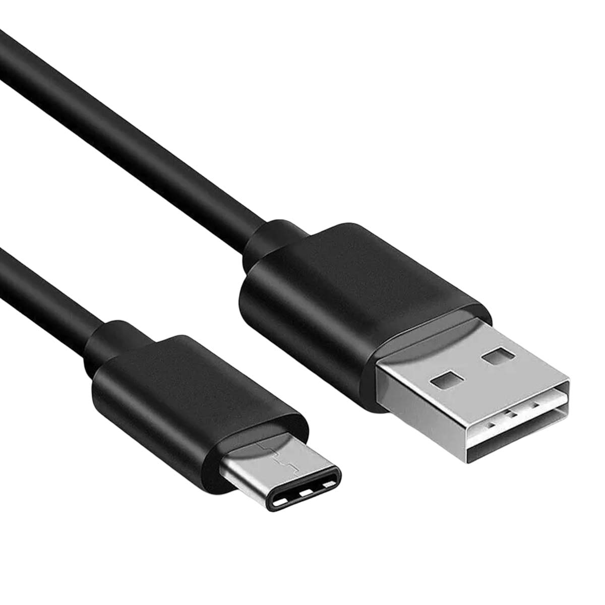 Un cable USB negro con un conector USB-A y un conector USB-C. Los conectores son plateados. El cable está sobre un fondo blanco.