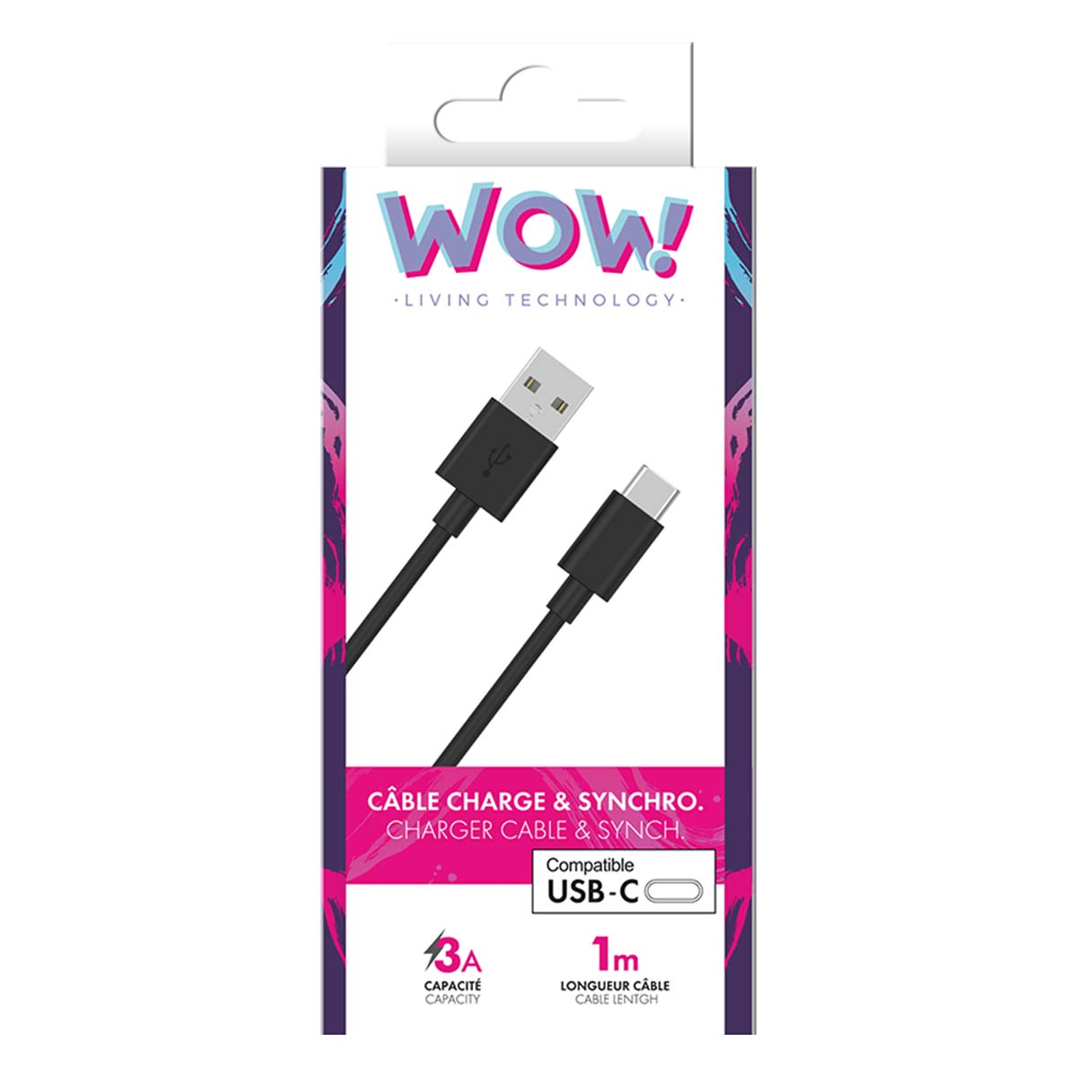 Se muestra un cable de carga USB-C negro en un paquete WOW! El paquete también muestra especificaciones como 1 m de longitud y compatibilidad USB-C.