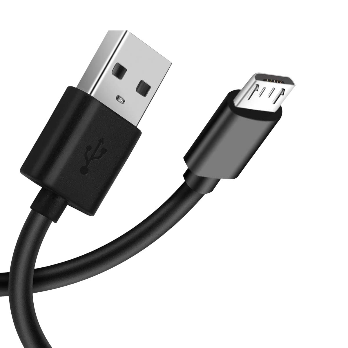 Un cavo USB nero con connettore USB-A e micro-USB, isolato su sfondo bianco.